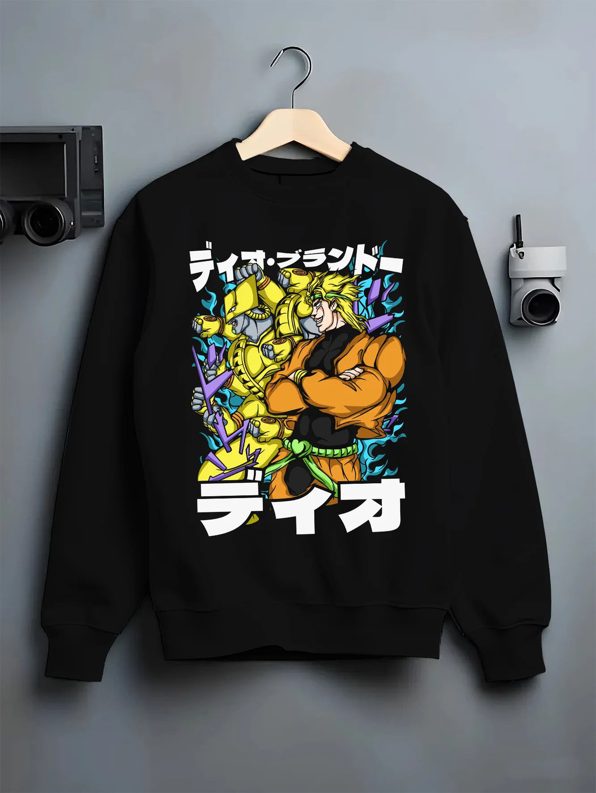 Black crewneck sweatshirt on hanger showing Dio Brando with Jotaro Kujo from JoJo’s Bizarre Adventure: JoJo Stardust