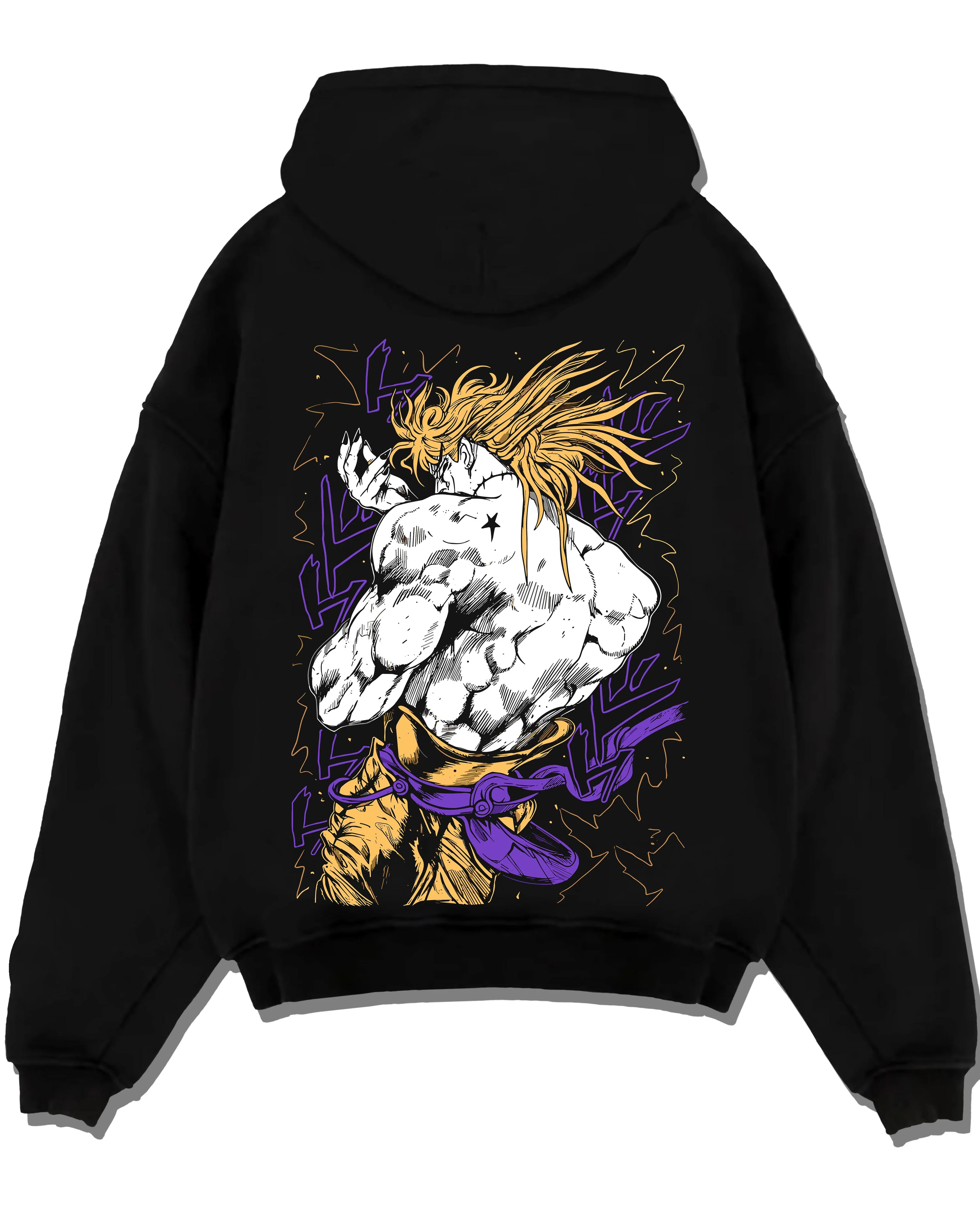 Black pullover hoodie laid flat with Dio Hoodie JoJo’s Bizarre Adventure Villain Retro Art graphic streetwear graphic.