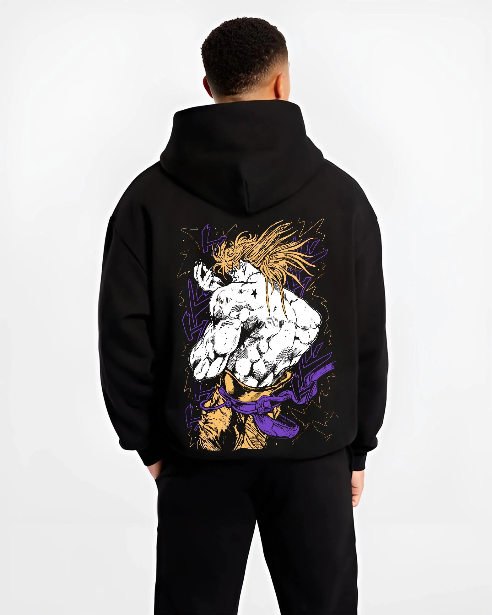 Black hoodie worn by male model, back view with Dio Hoodie JoJo’s Bizarre Adventure Villain Retro Art graphic streetwear graphic.