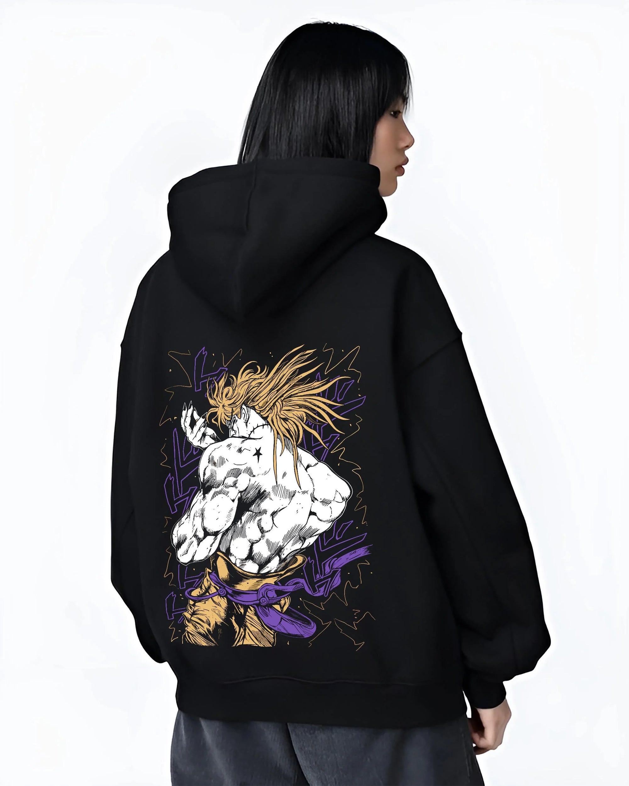 Black hoodie worn by female model, back view with Dio Hoodie JoJo’s Bizarre Adventure Villain Retro Art graphic premium wear.