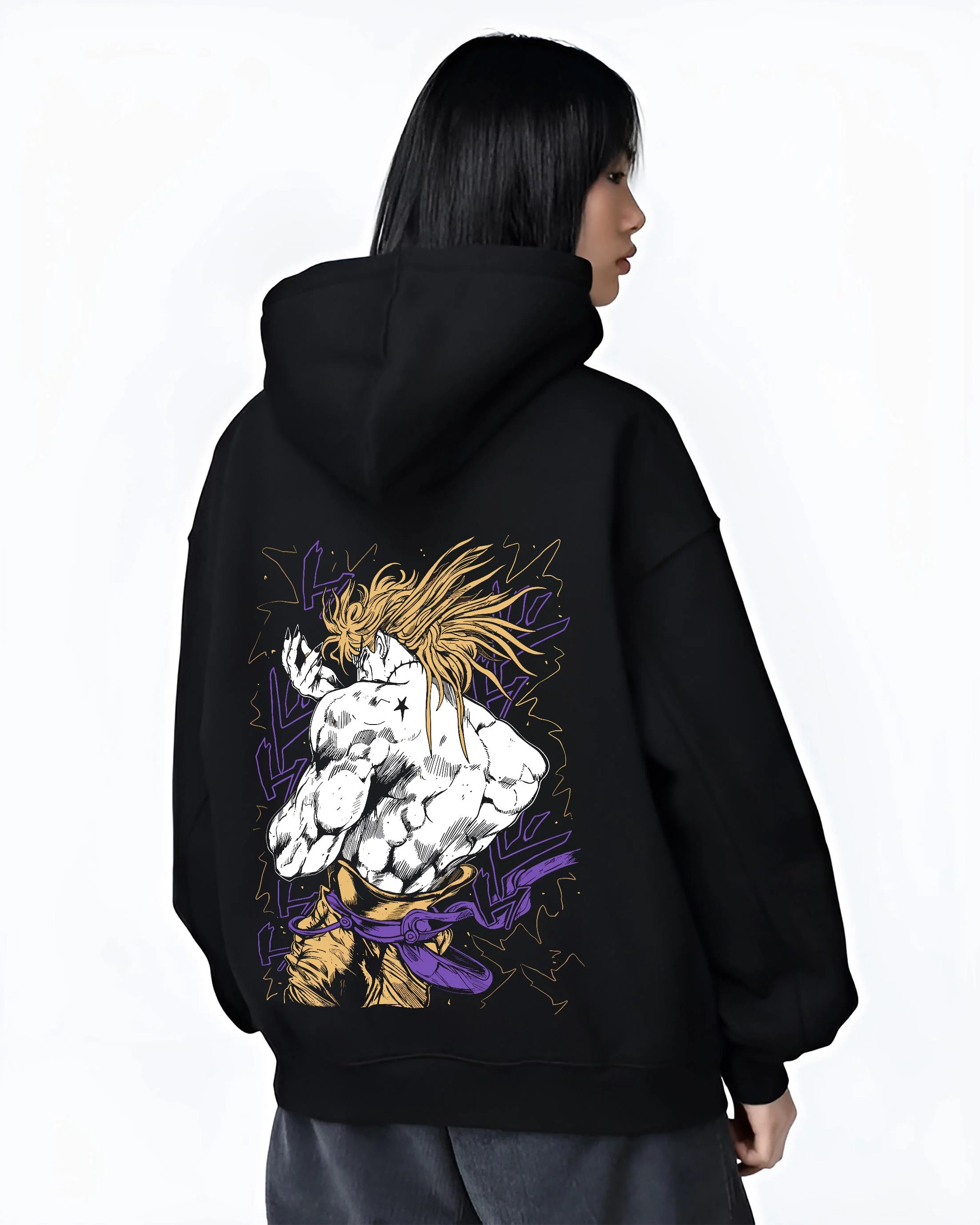 Black hoodie worn by female model, back view with Dio Hoodie JoJo’s Bizarre Adventure Villain Retro Art graphic premium wear.