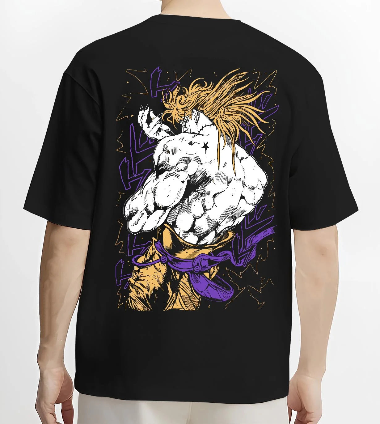 Black T-shirt worn by male model, back view with Dio Hoodie JoJo’s Bizarre Adventure Villain Retro Art graphic bold anime graphic.