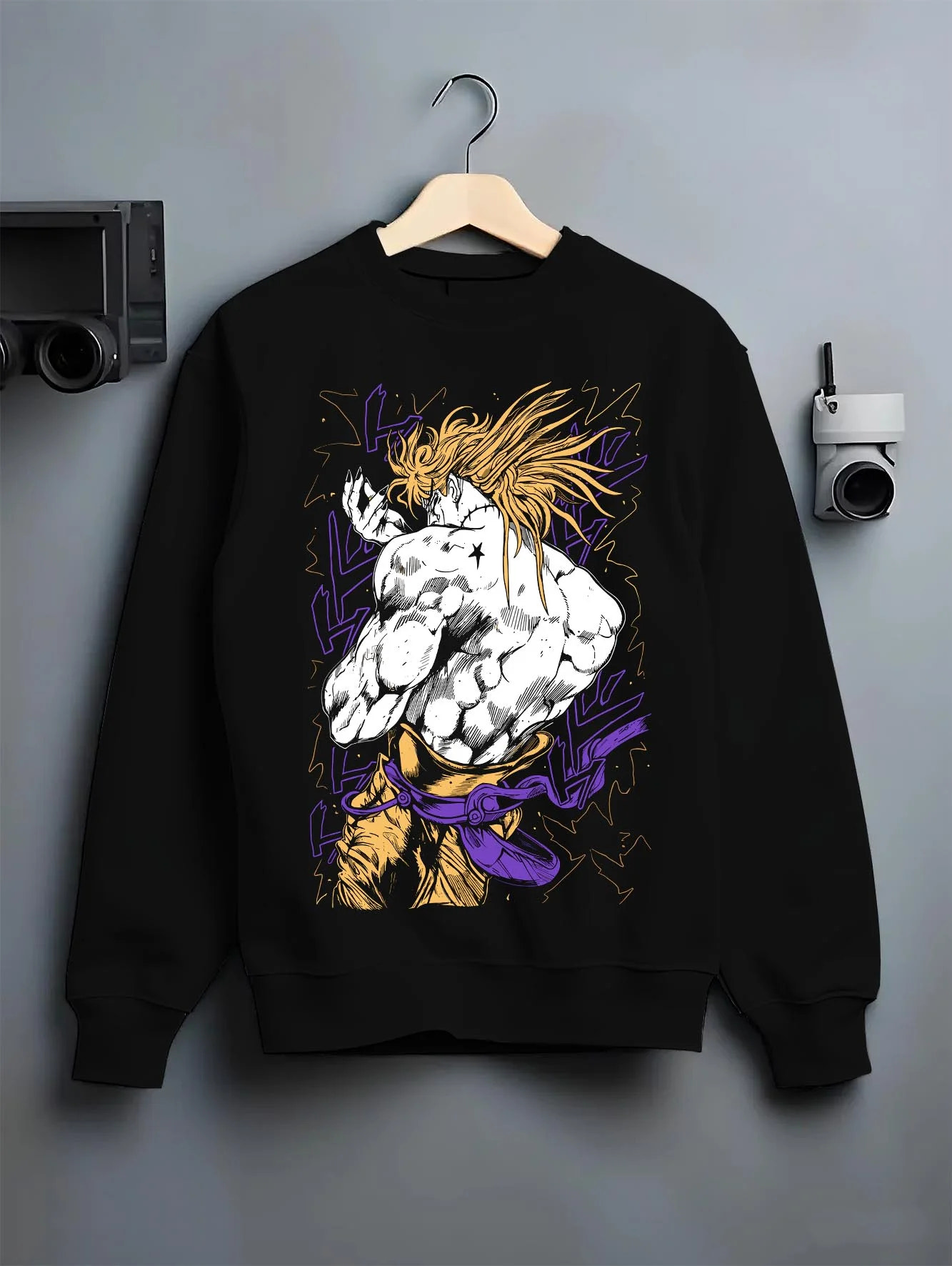 Black crewneck sweatshirt on hanger with Dio Hoodie JoJo’s Bizarre Adventure Villain Retro Art graphic streetwear graphic.