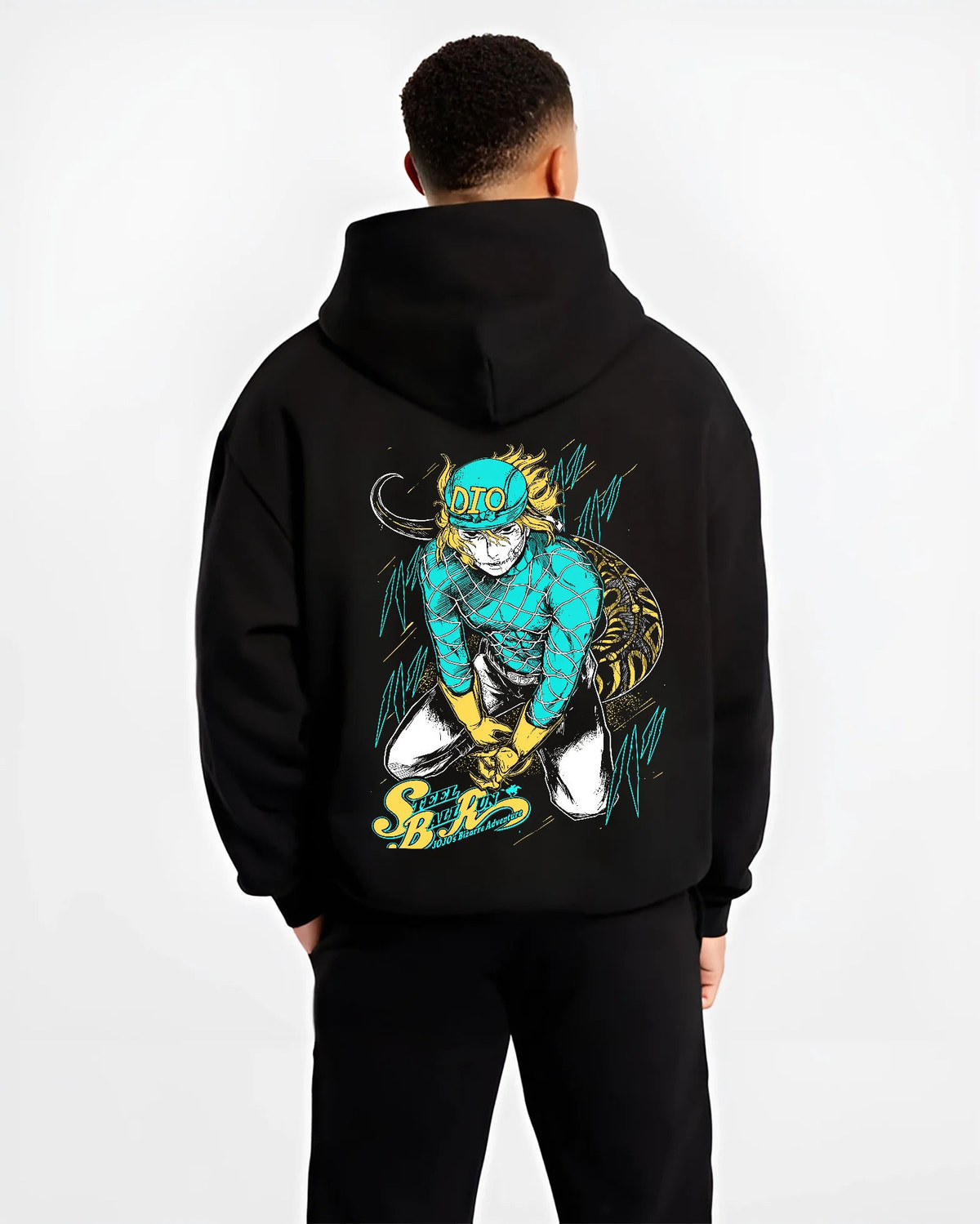 Black hoodie model back view showing Dio Brando from JoJo’s Bizarre Adventure: teal and yellow cap with DIO lettering