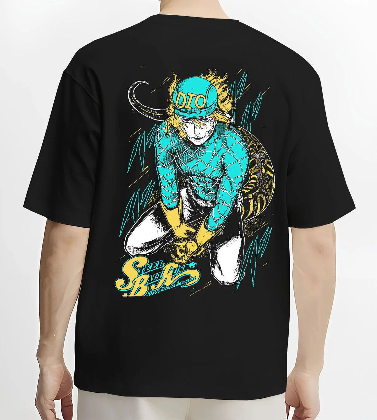 Black T-shirt model back view showing Dio Brando from JoJo’s Bizarre Adventure: teal and yellow cap with DIO lettering