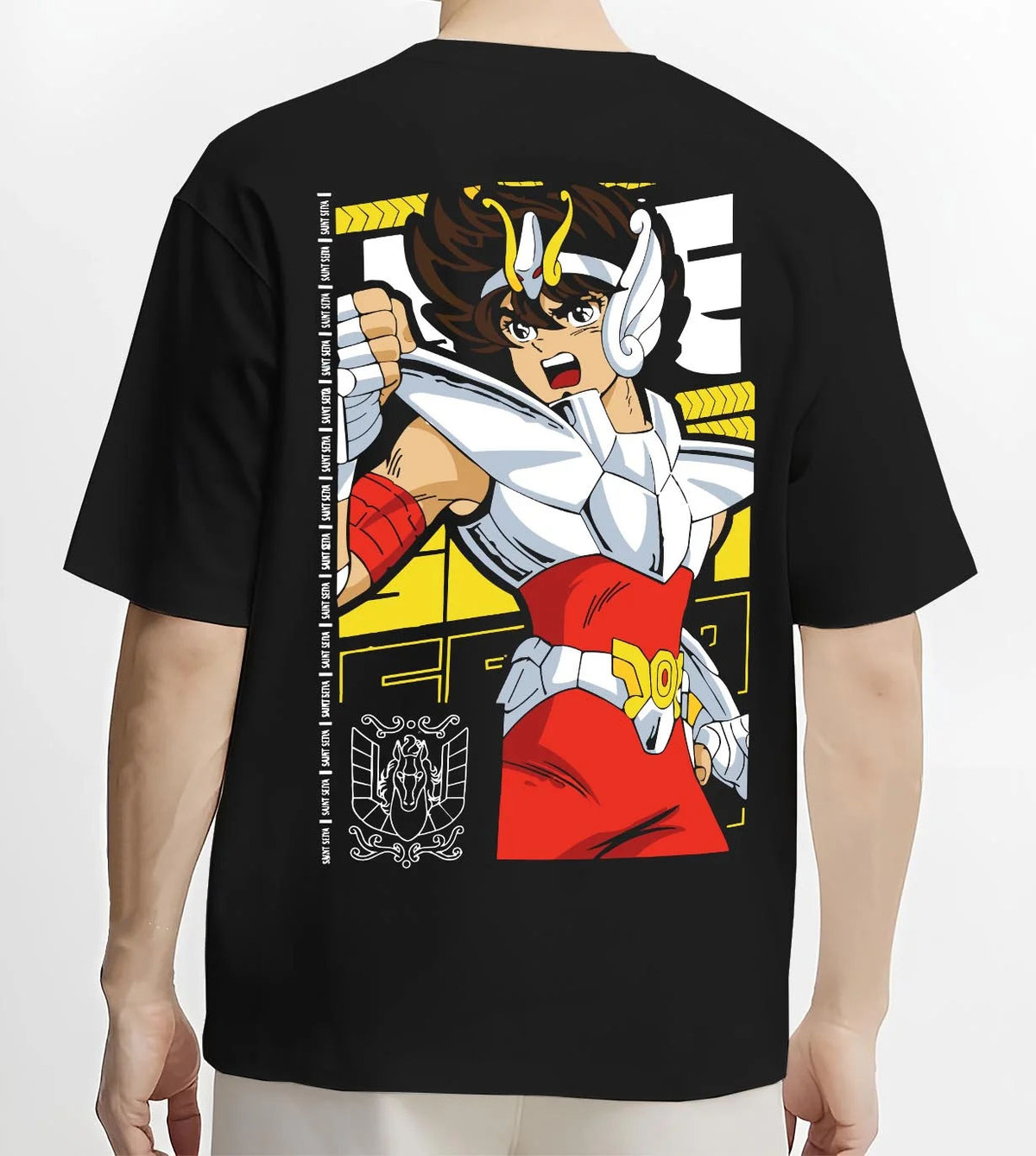 Black T-shirt worn by male model from the back featuring Pegasus Seiya Saint Seiya divine armor artwork.