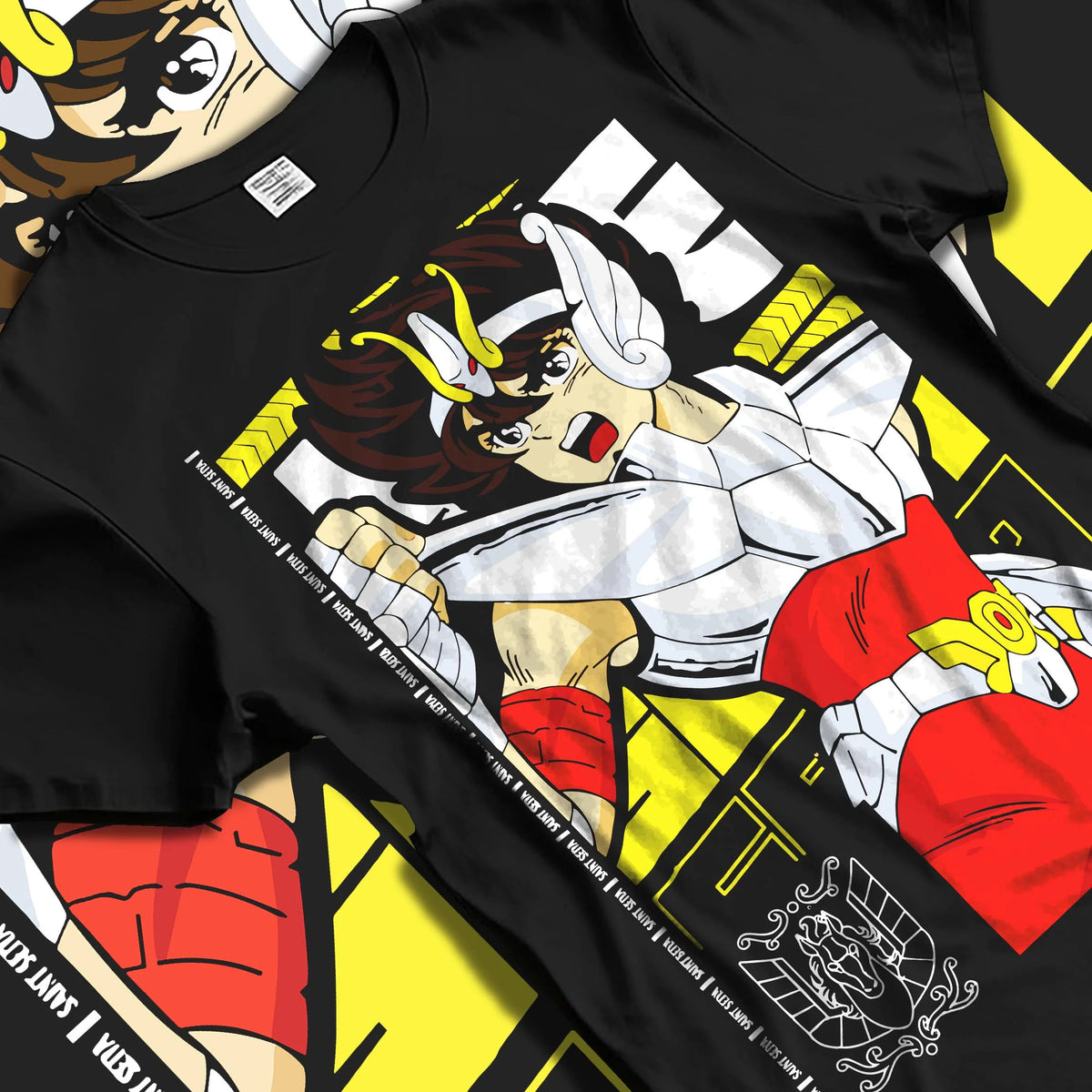 Black T-shirt laid flat with natural folds featuring Pegasus Seiya Saint Seiya divine armor artwork.