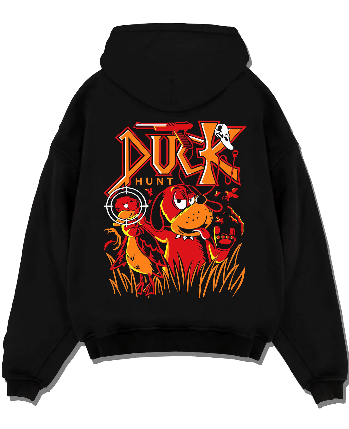 Black hoodie laid flat featuring Duck Hunt retro gaming dog artwork.