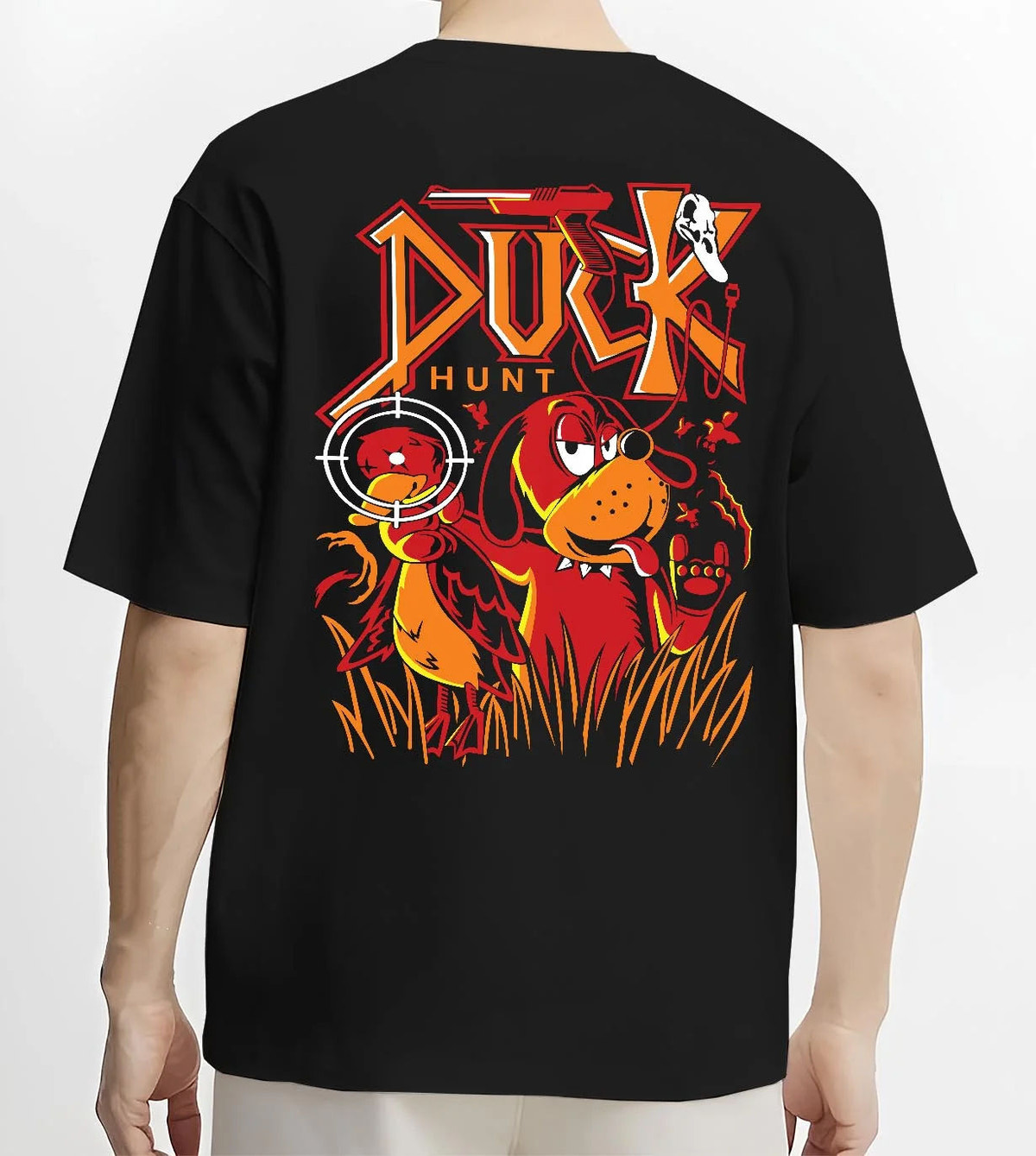 Black T-shirt worn by male model from the back featuring Duck Hunt retro gaming dog artwork.