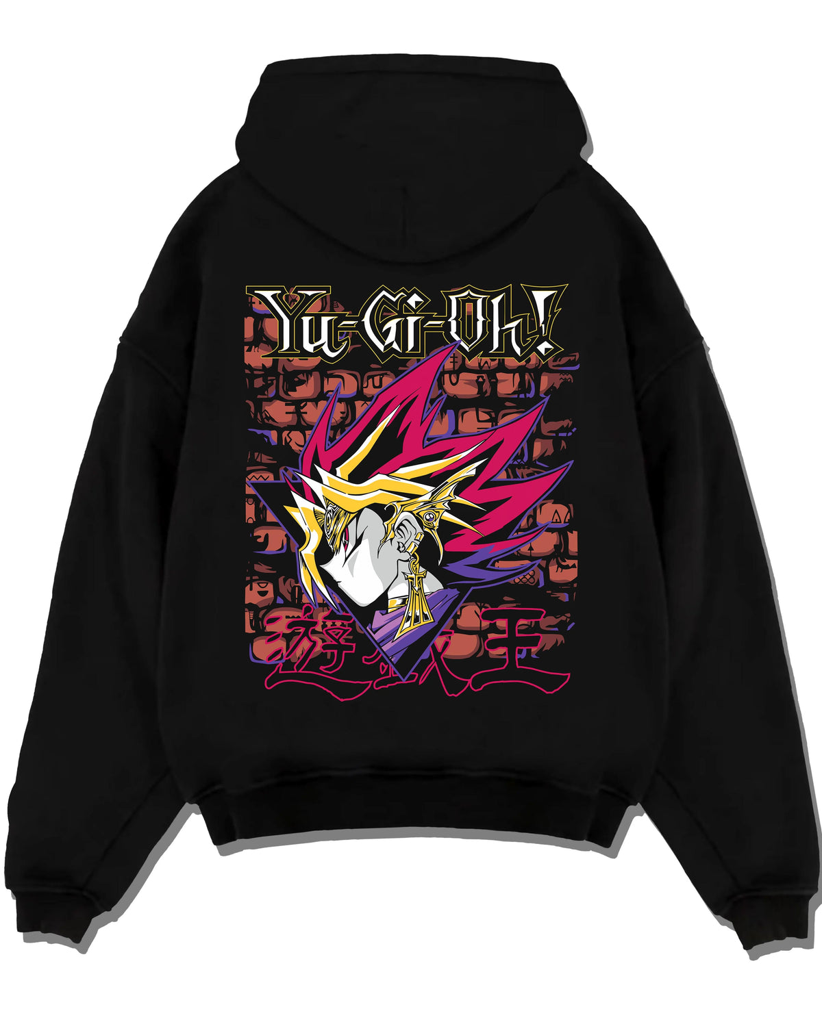 Black hoodie laid flat featuring Dark Magician Yu-Gi-Oh duel monster artwork.