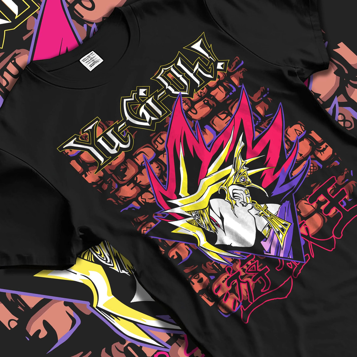 Black T-shirt laid flat with natural folds featuring Dark Magician Yu-Gi-Oh duel monster artwork.