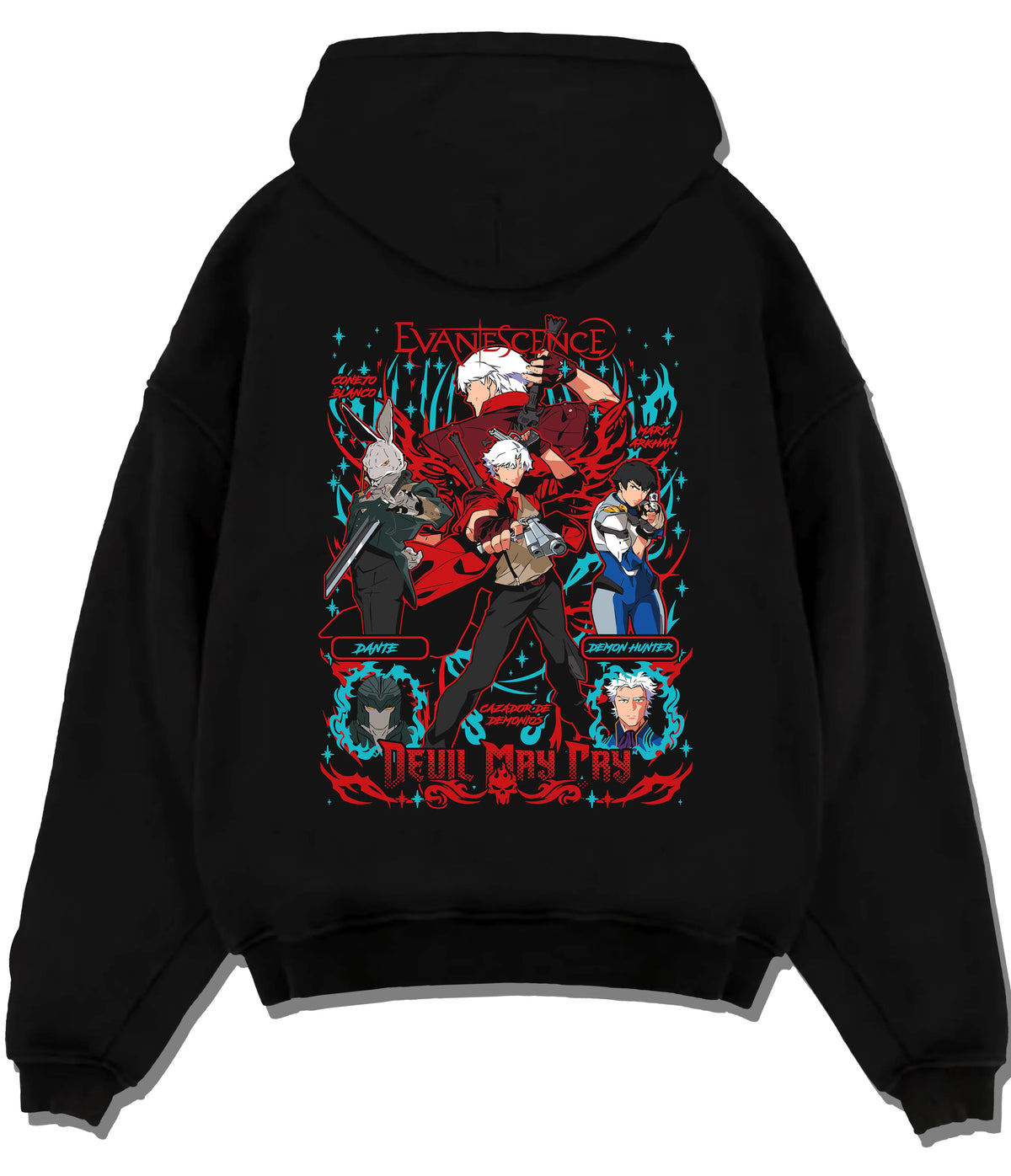 Black hoodie flat back view showing Devil May Cry: Dante and cast