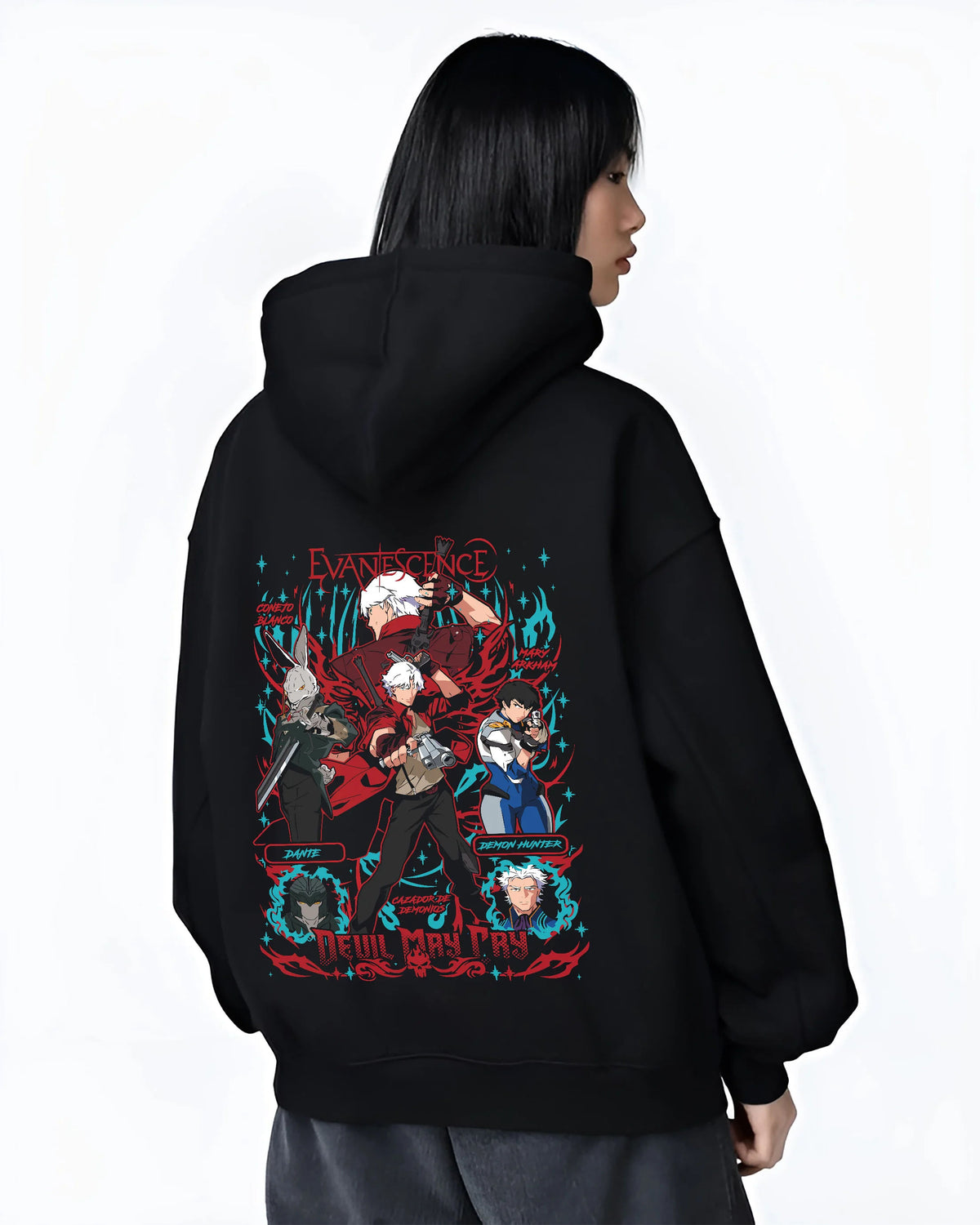 Black hoodie female model back view showing Devil May Cry: Dante and cast