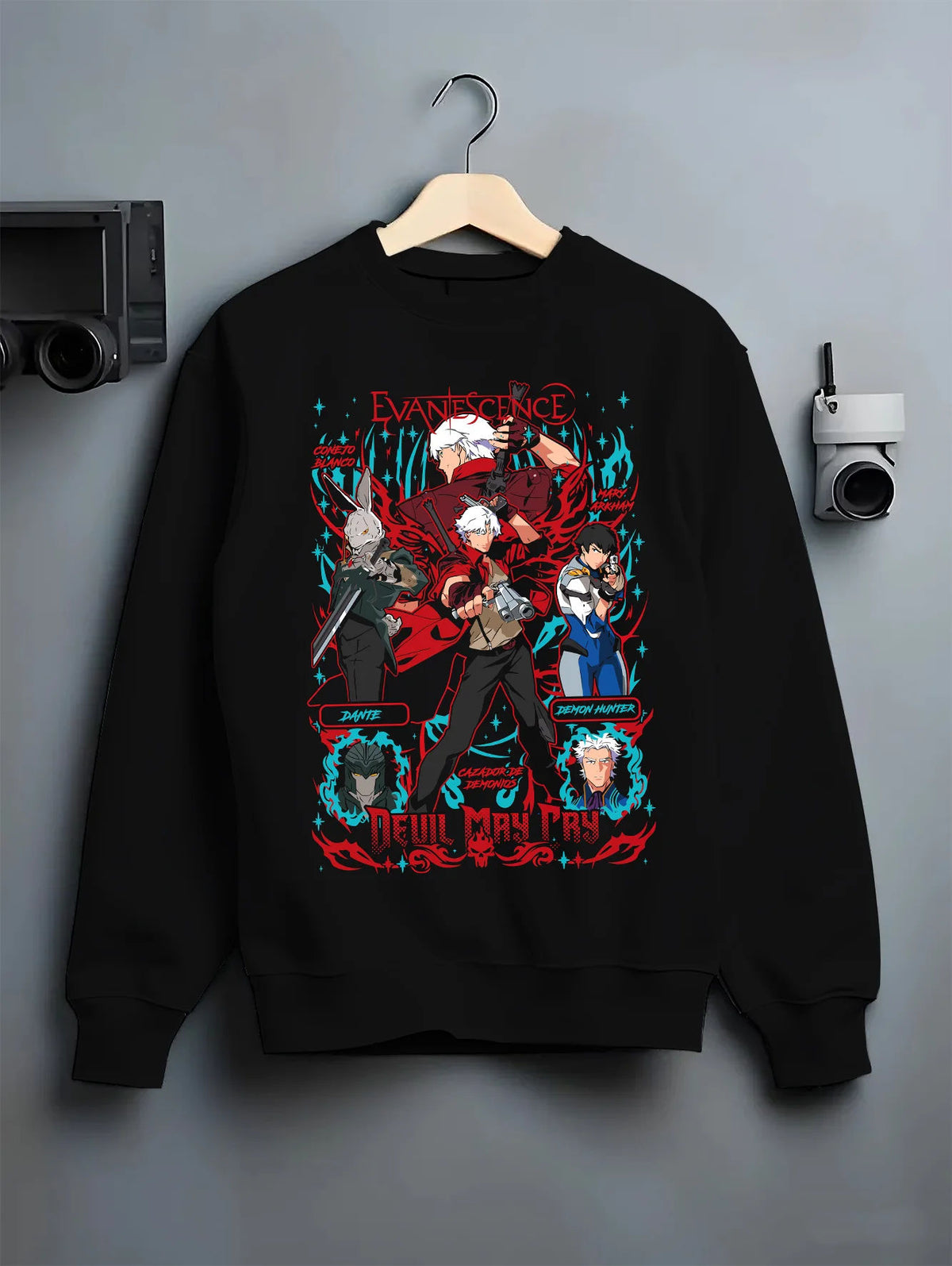 Black crewneck sweatshirt on hanger showing Devil May Cry: Dante and cast