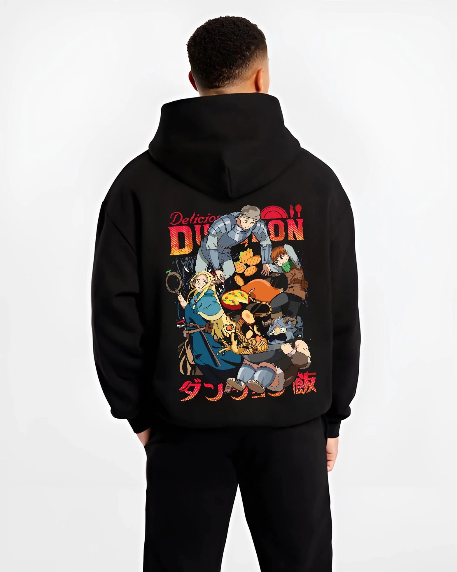 Black hoodie worn by male model, back view with Devil May Cry Hoodie Dante Retro Stylish Demon Duo graphic Dante anime design.