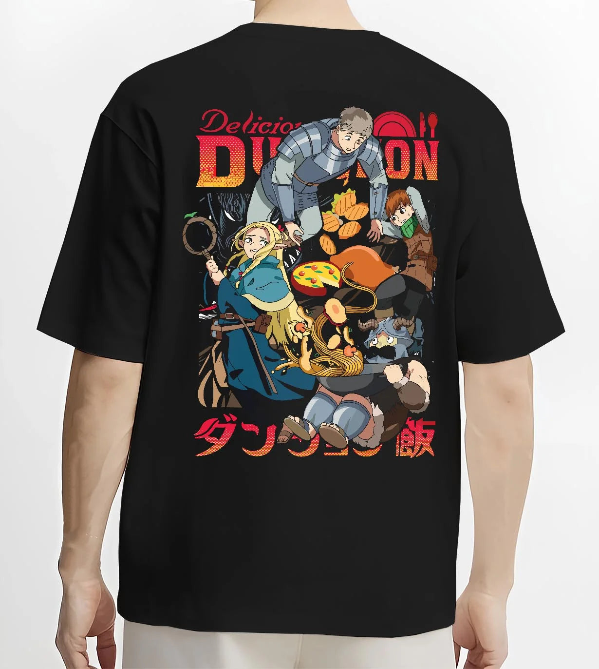 Black T-shirt worn by male model, back view with Devil May Cry Hoodie Dante Retro Stylish Demon Duo graphic streetwear graphic.