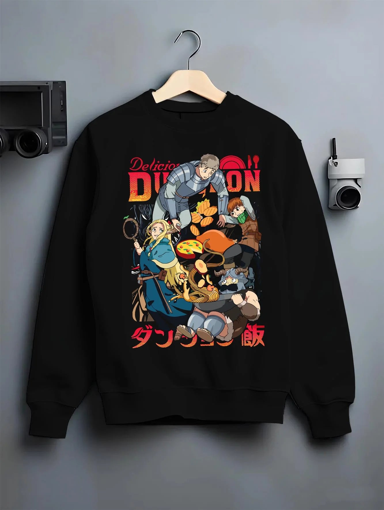 Black crewneck sweatshirt on hanger with Devil May Cry Hoodie Dante Retro Stylish Demon Duo graphic premium wear.