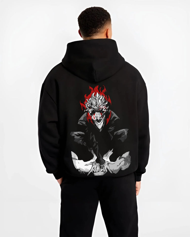 Black hoodie worn by male model, back view with Dandadan Hoodie Spirit Okarun Paranormal Retro Art graphic premium wear.
