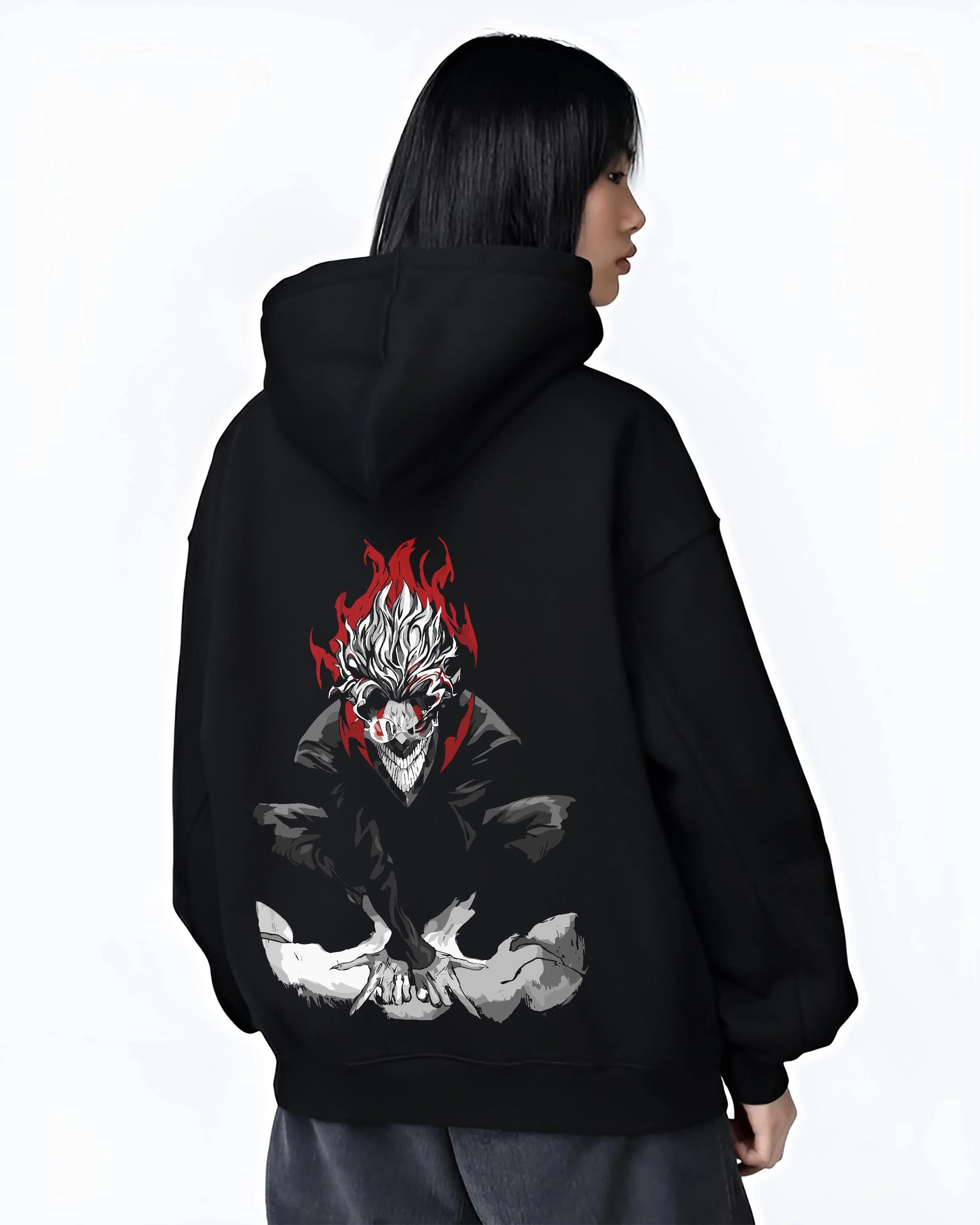 Black hoodie worn by female model, back view with Dandadan Hoodie Spirit Okarun Paranormal Retro Art graphic premium wear.