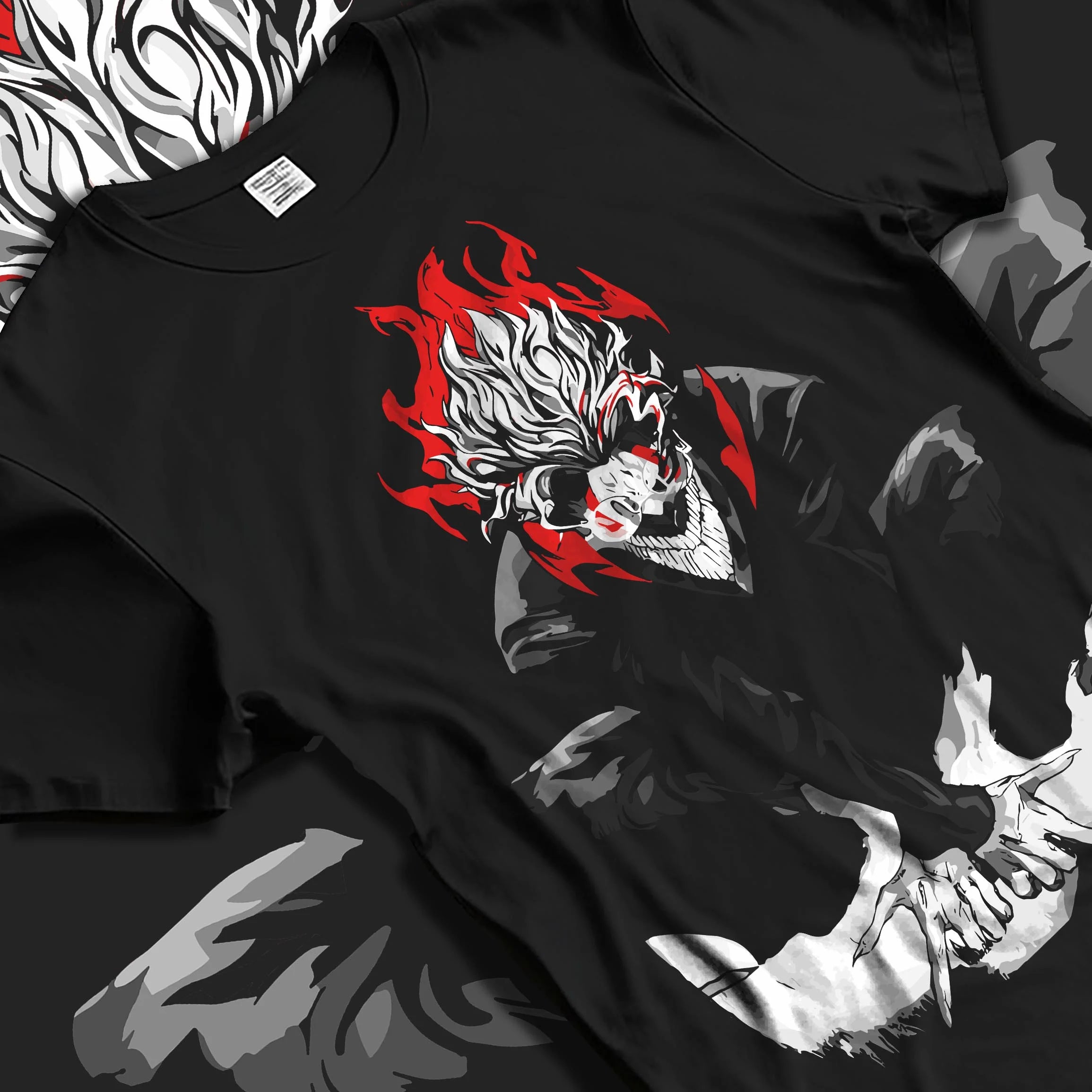 Black T-shirt laid flat with natural folds with Dandadan Hoodie Spirit Okarun Paranormal Retro Art graphic Okarun anime design.