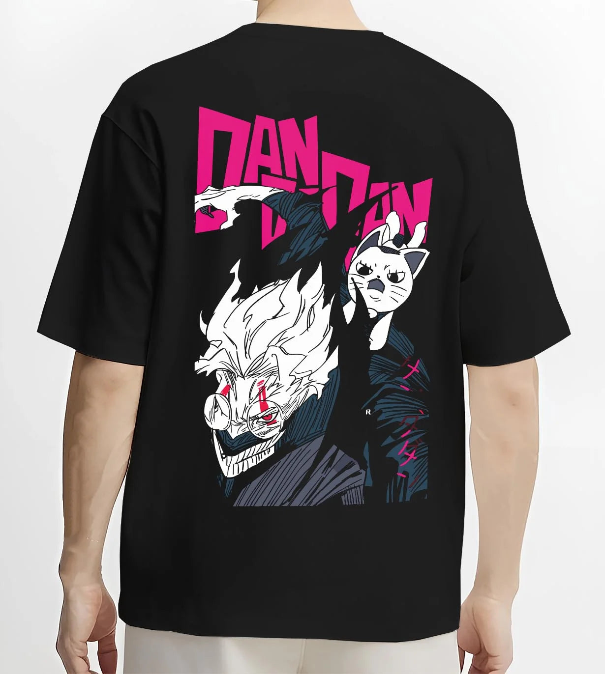 Black T-shirt worn by male model, back view with Dandadan Hoodie Hero Transformation Retro Anime Art graphic premium wear.