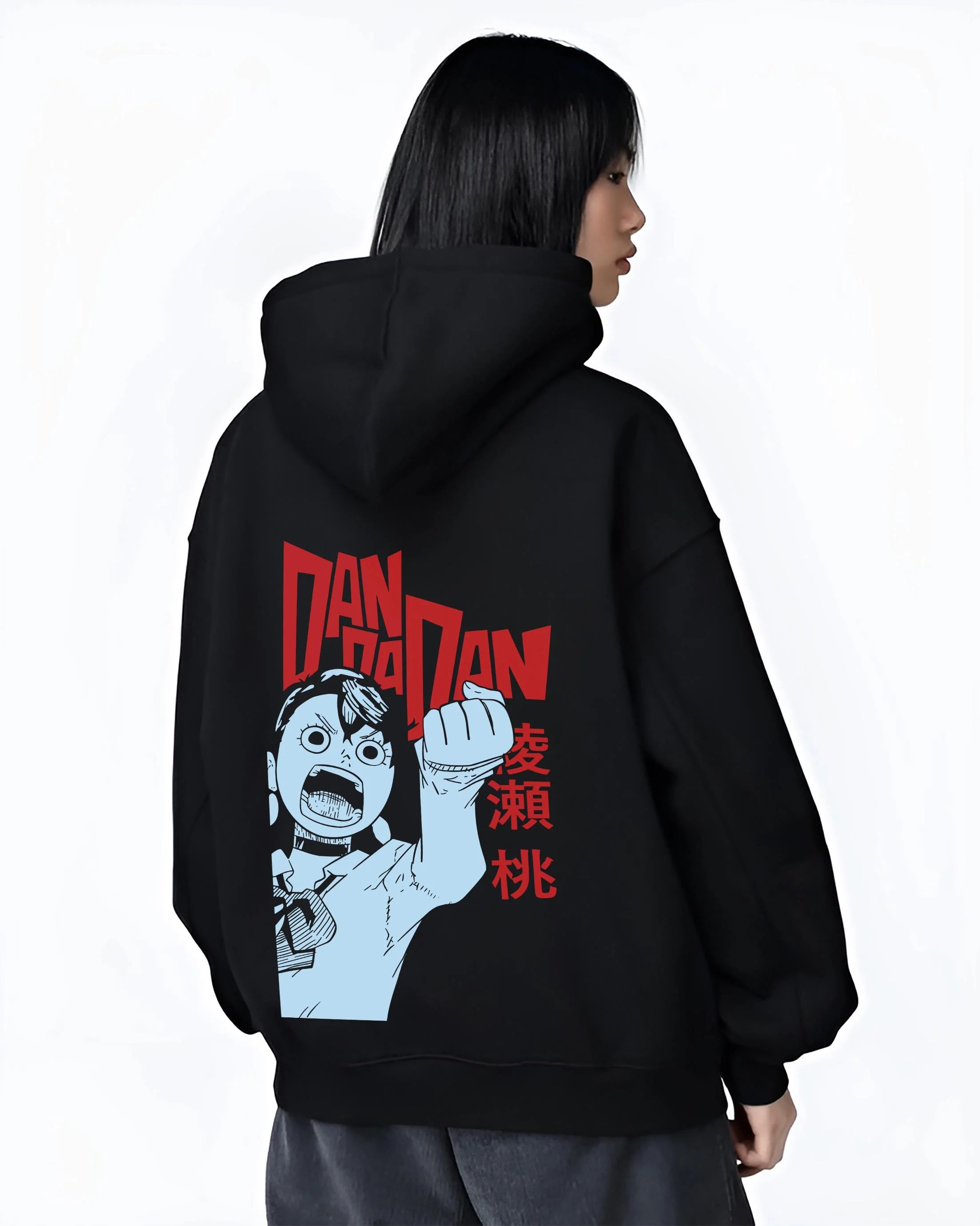 Black hoodie worn by female model, back view with Dandadan Hoodie Momo Ayase Paranormal Retro Poster graphic premium wear.