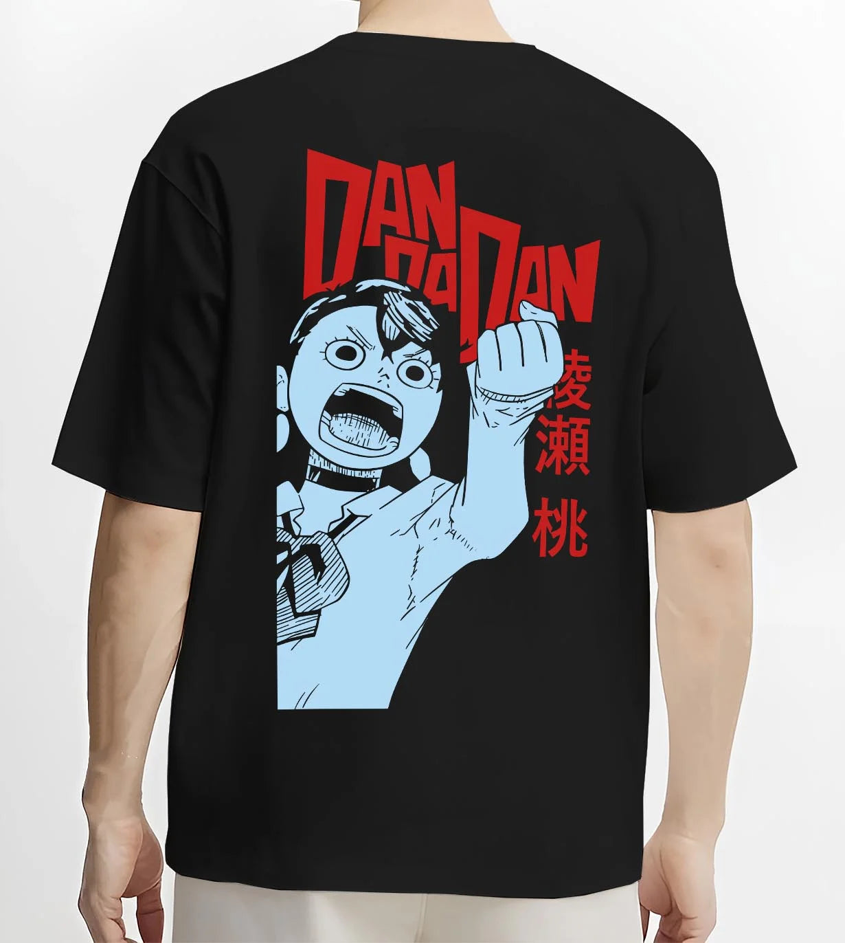 Black T-shirt worn by male model, back view with Dandadan Hoodie Momo Ayase Paranormal Retro Poster graphic premium wear.