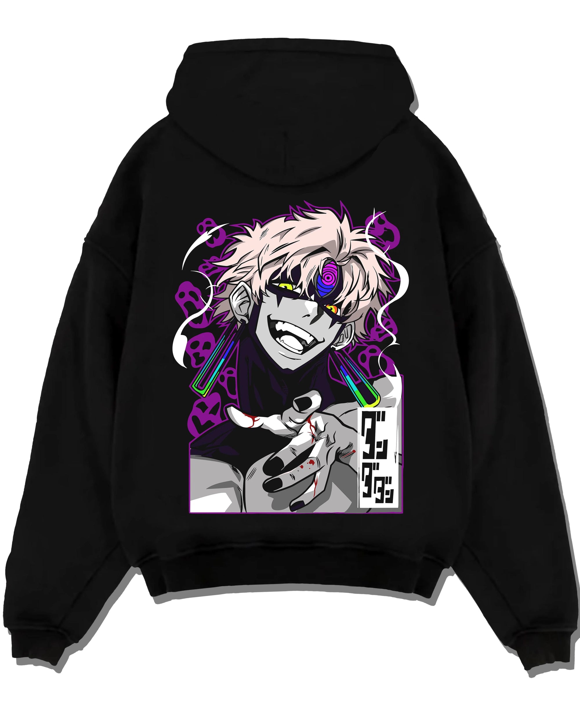 Black pullover hoodie laid flat with Dandadan Hoodie Spirit Paranormal Duo Retro Battle graphic premium wear.