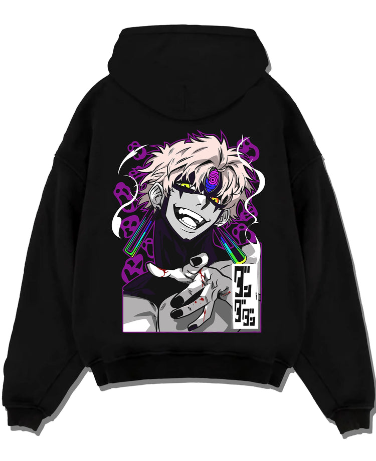 Black pullover hoodie laid flat with Dandadan Hoodie Spirit Paranormal Duo Retro Battle graphic premium wear.