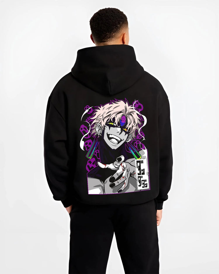 Black hoodie worn by male model, back view with Dandadan Hoodie Spirit Paranormal Duo Retro Battle graphic streetwear graphic.