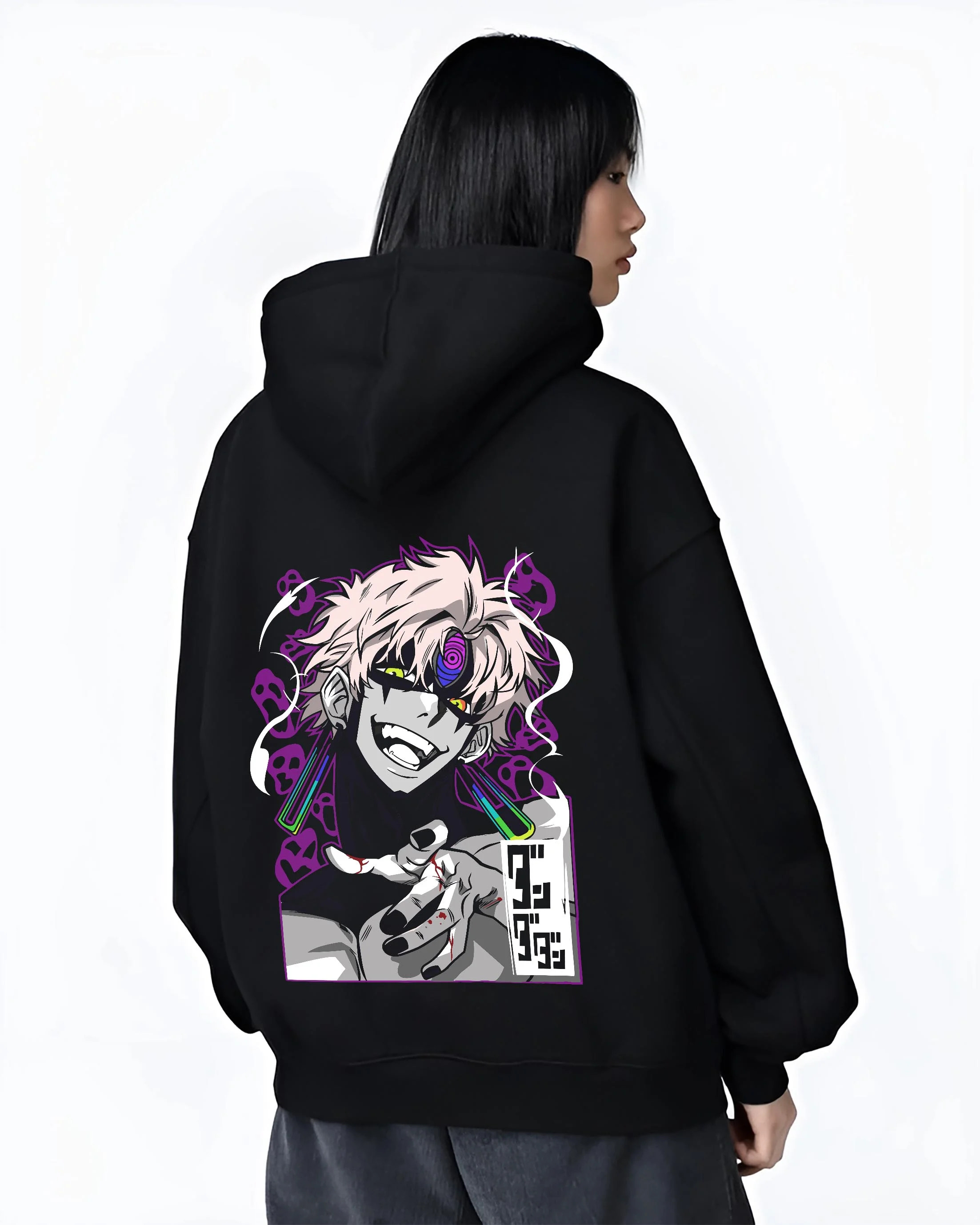 Black hoodie worn by female model, back view with Dandadan Hoodie Spirit Paranormal Duo Retro Battle graphic streetwear graphic.