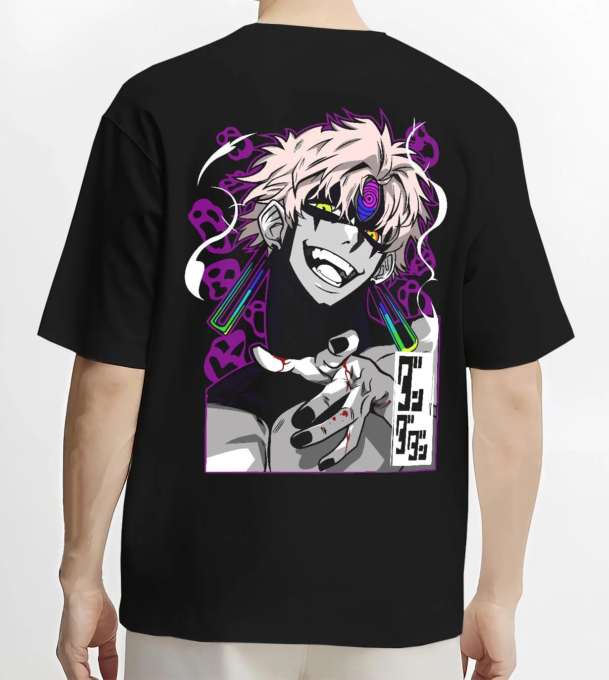 Black T-shirt worn by male model, back view with Dandadan Hoodie Spirit Paranormal Duo Retro Battle graphic streetwear graphic.