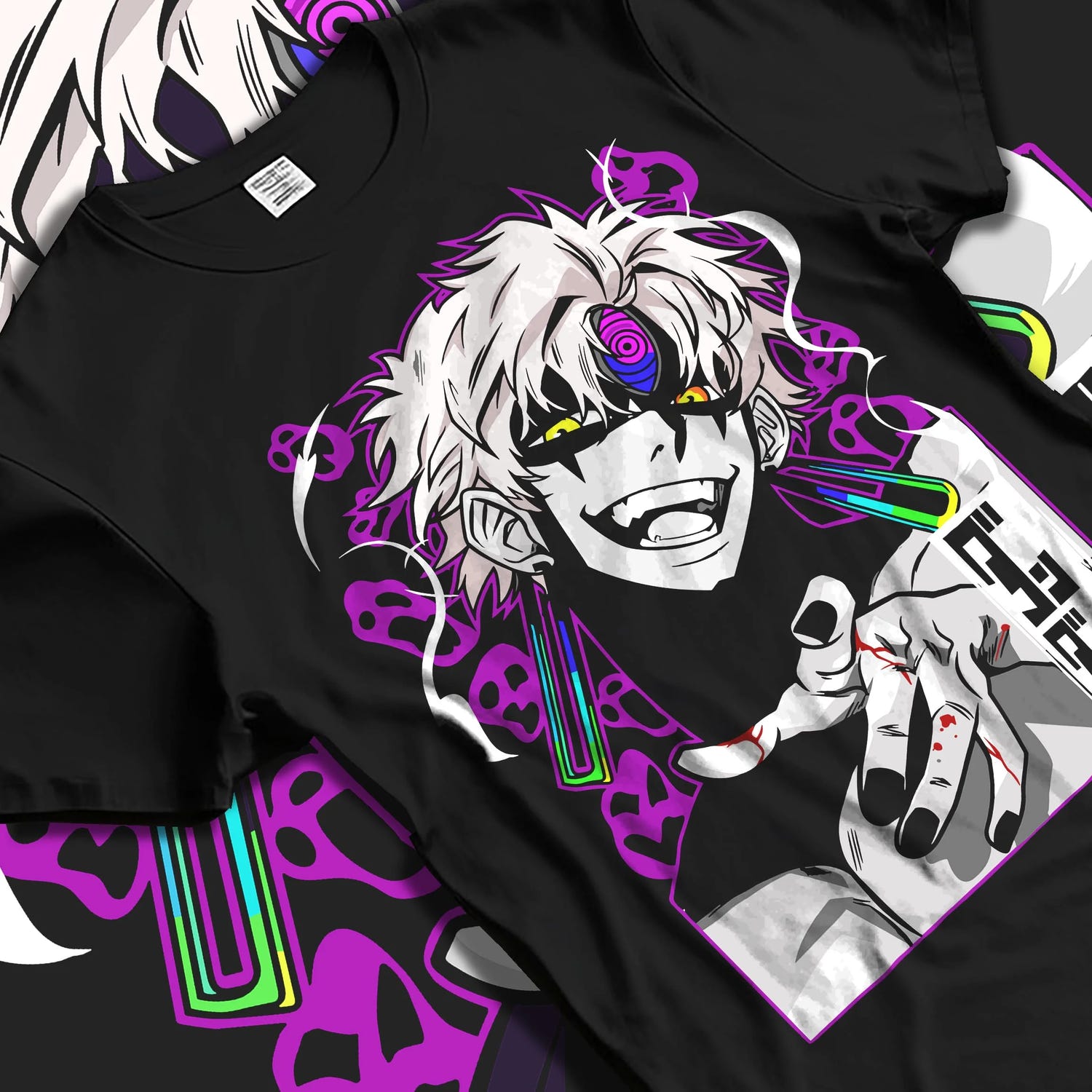 Black T-shirt laid flat with natural folds with Dandadan Hoodie Spirit Paranormal Duo Retro Battle graphic premium wear.