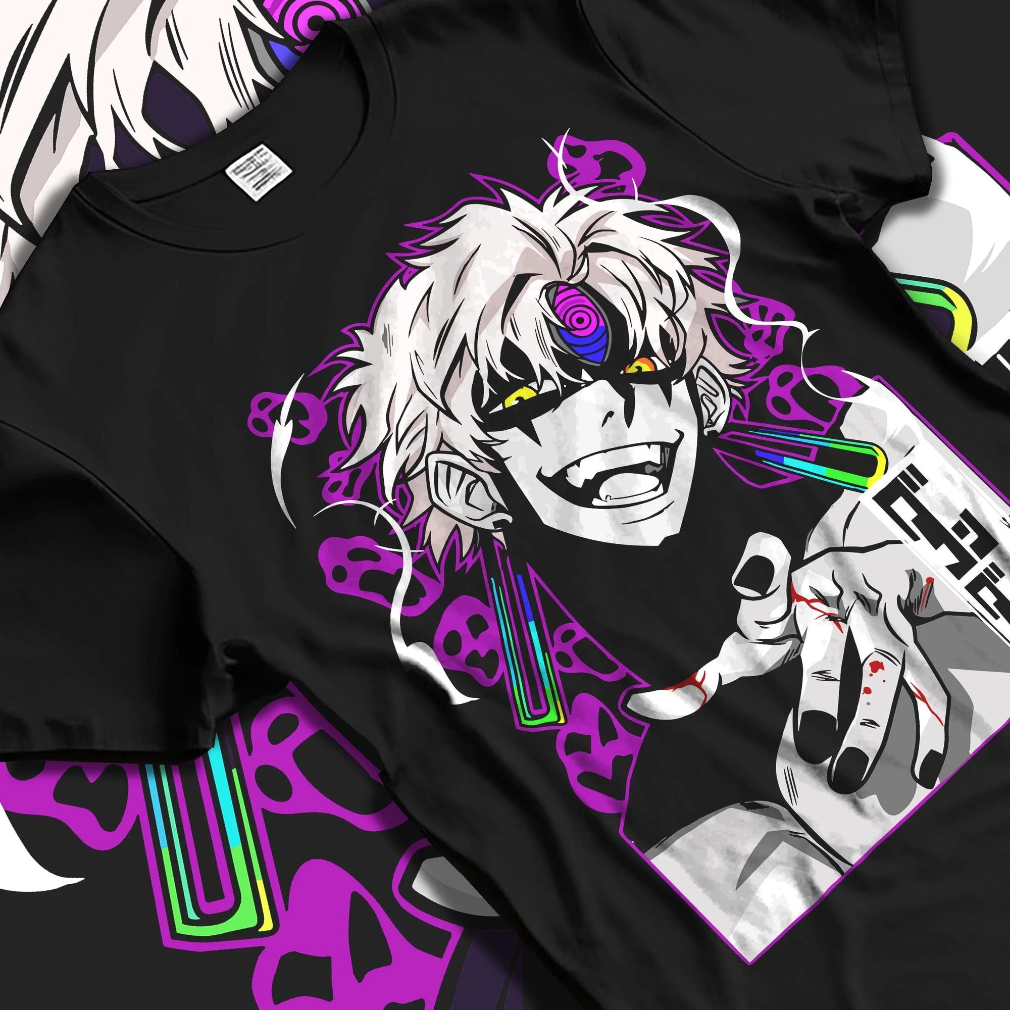 Black T-shirt laid flat with natural folds with Dandadan Hoodie Spirit Paranormal Duo Retro Battle graphic premium wear.