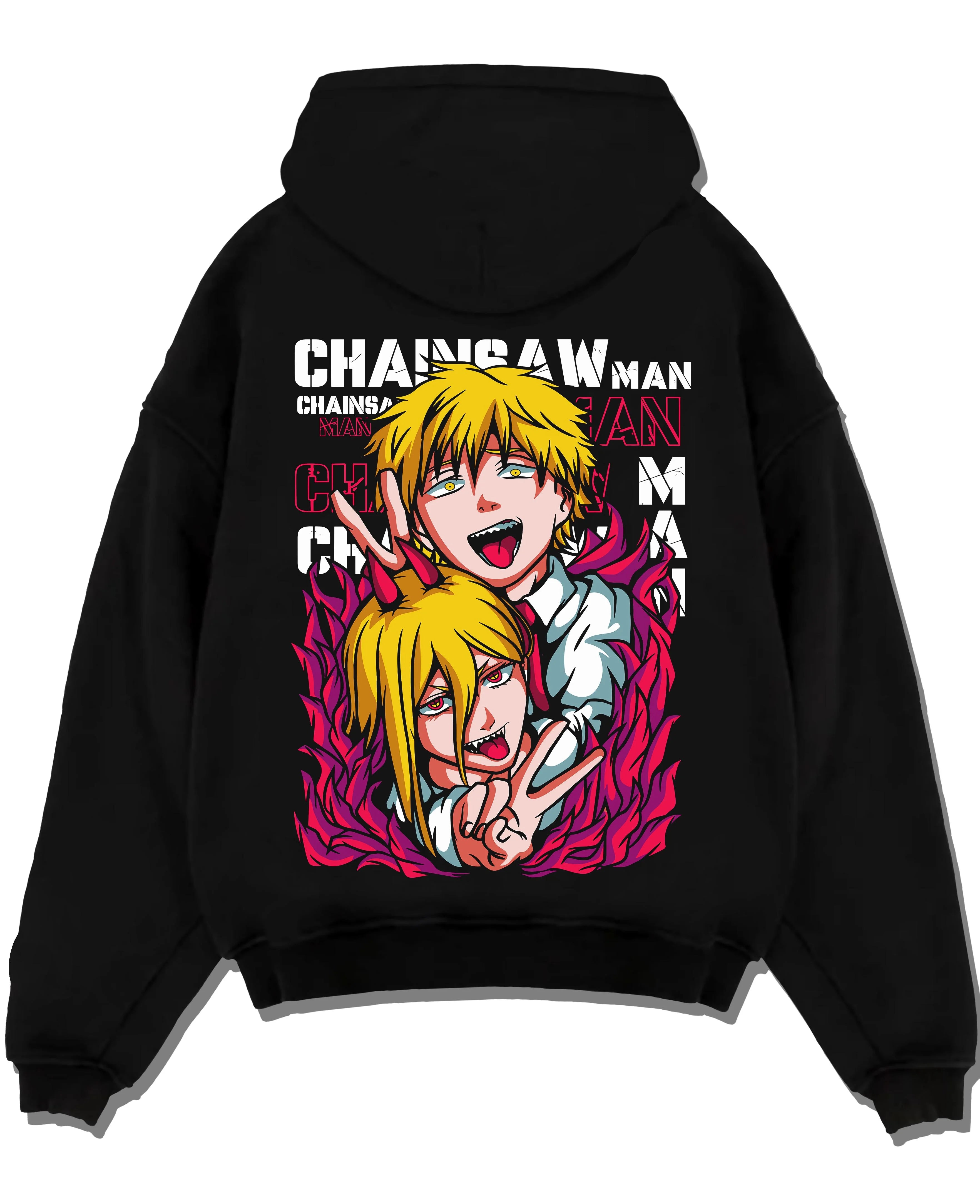Black pullover hoodie laid flat with Chainsaw Man Hoodie Denji Power Anime Retro Poster graphic premium wear.
