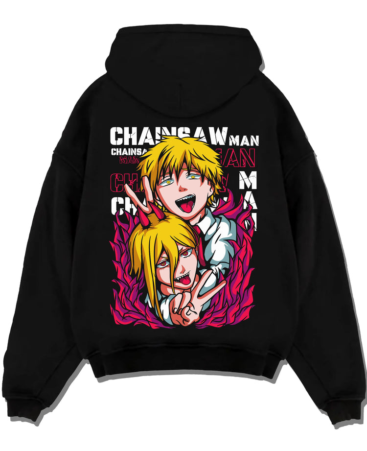 Black pullover hoodie laid flat with Chainsaw Man Hoodie Denji Power Anime Retro Poster graphic premium wear.