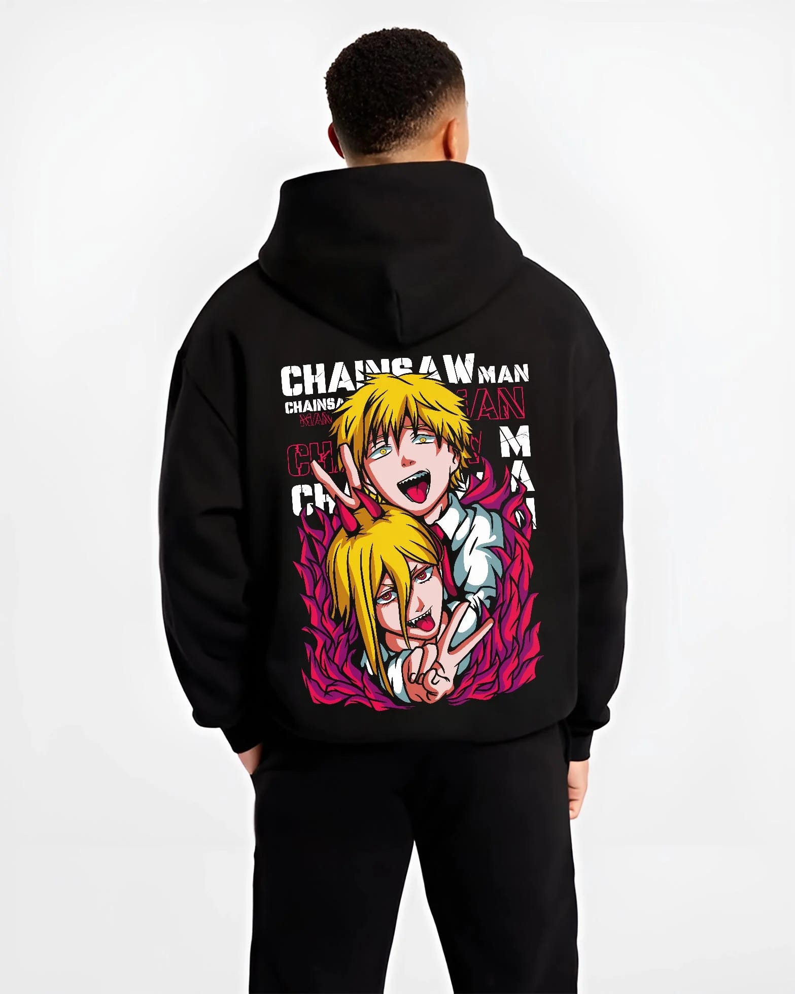 Black hoodie worn by male model, back view with Chainsaw Man Hoodie Denji Power Anime Retro Poster graphic premium wear.
