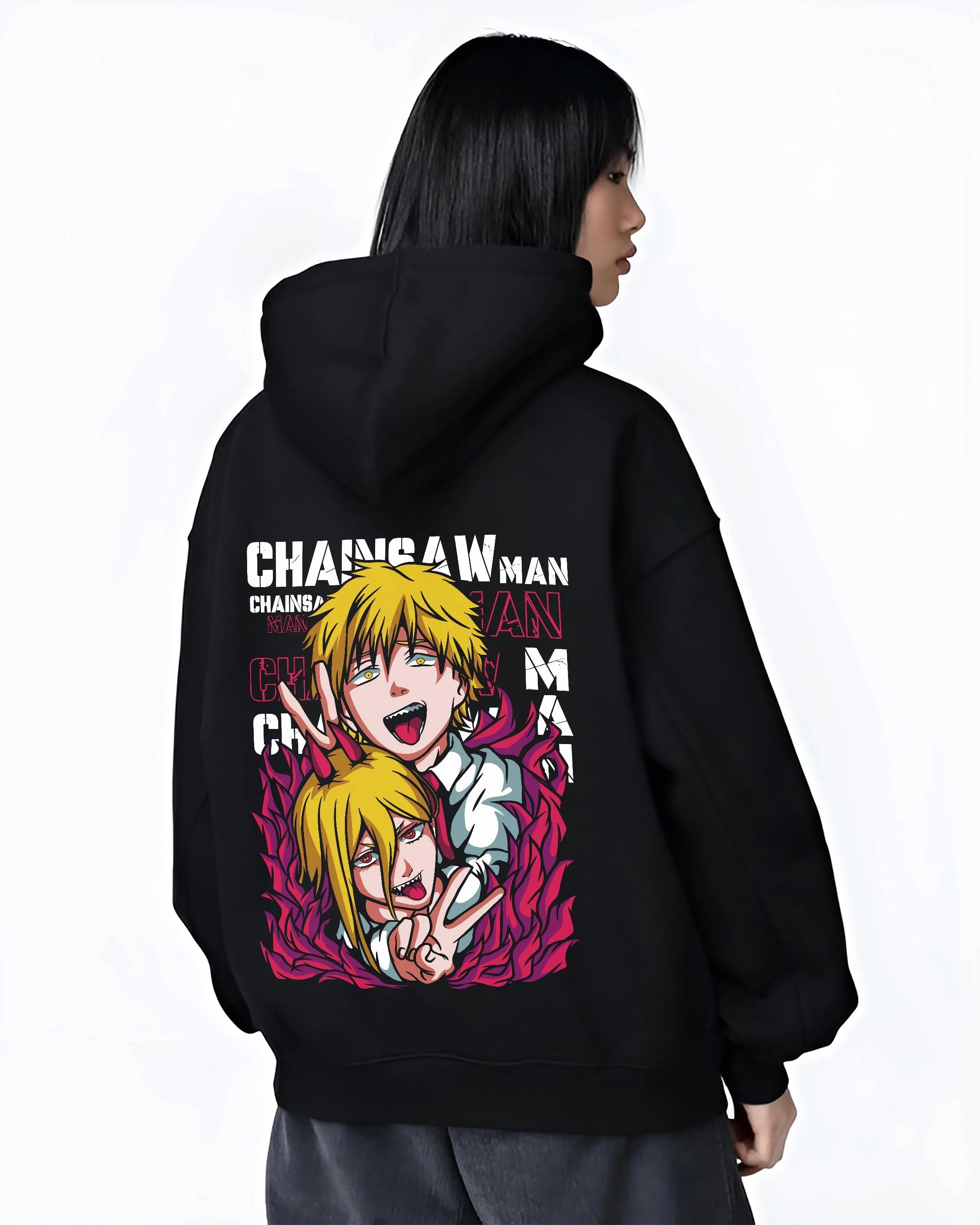Black hoodie worn by female model, back view with Chainsaw Man Hoodie Denji Power Anime Retro Poster graphic bold anime graphic.