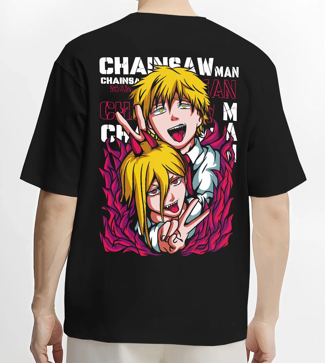 Black T-shirt worn by male model, back view with Chainsaw Man Hoodie Denji Power Anime Retro Poster graphic bold anime graphic.
