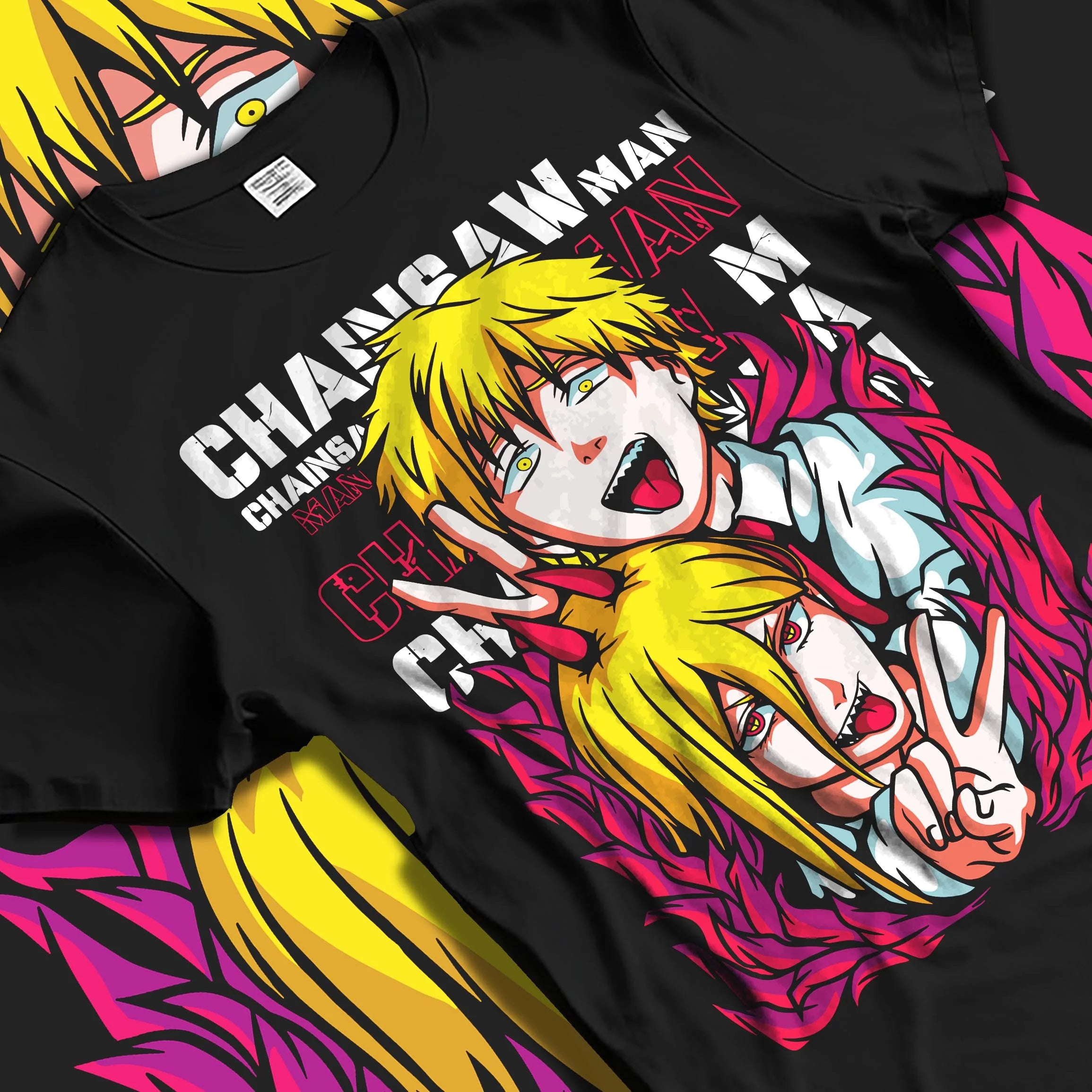 Black T-shirt laid flat with natural folds with Chainsaw Man Hoodie Denji Power Anime Retro Poster graphic streetwear graphic.