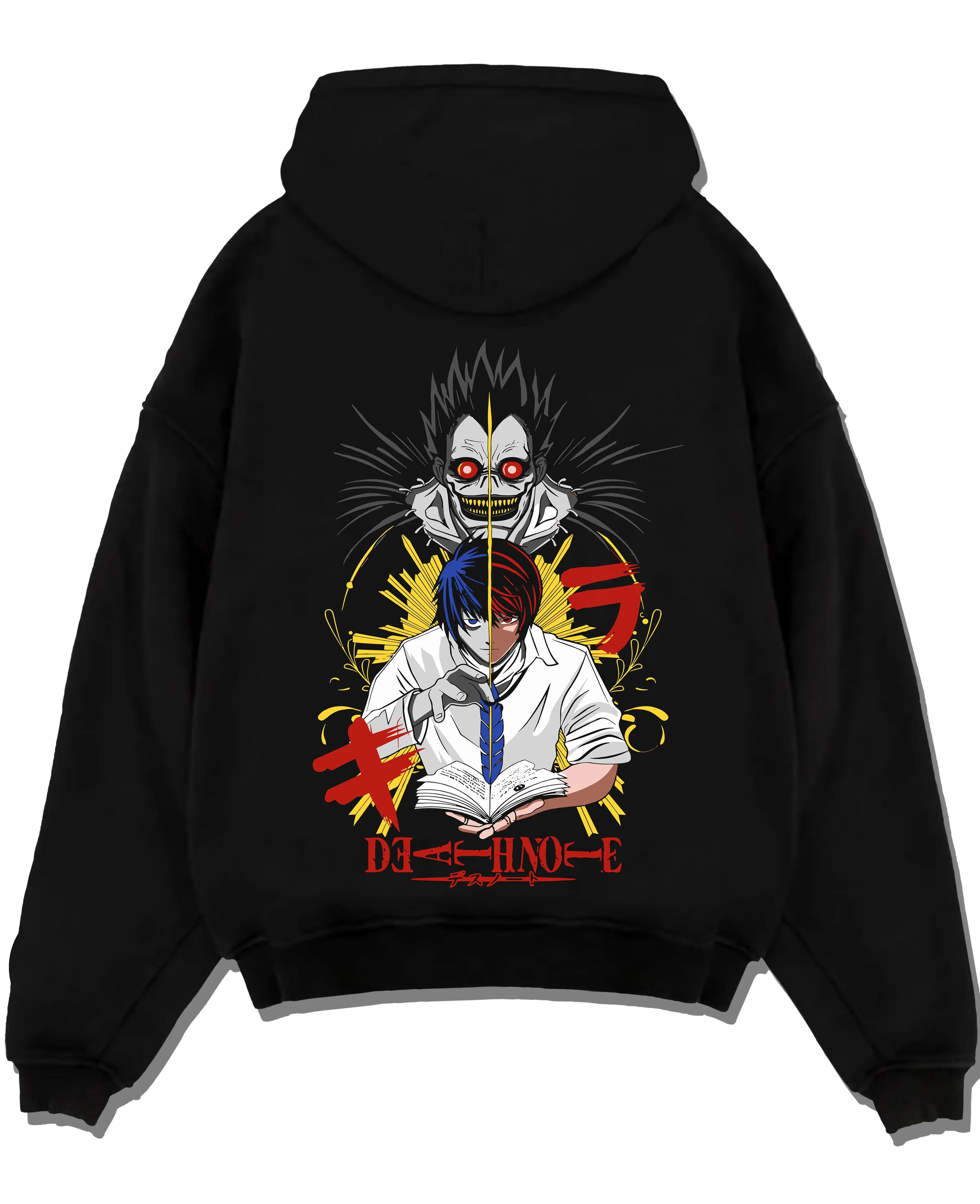 Black pullover hoodie laid flat with Ryuk Hoodie Death Note Retro Anime Shinigami Poster graphic bold anime graphic.