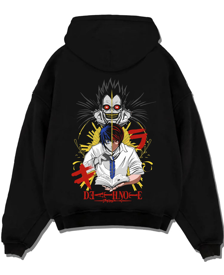 Black pullover hoodie laid flat with Ryuk Hoodie Death Note Retro Anime Shinigami Poster graphic bold anime graphic.