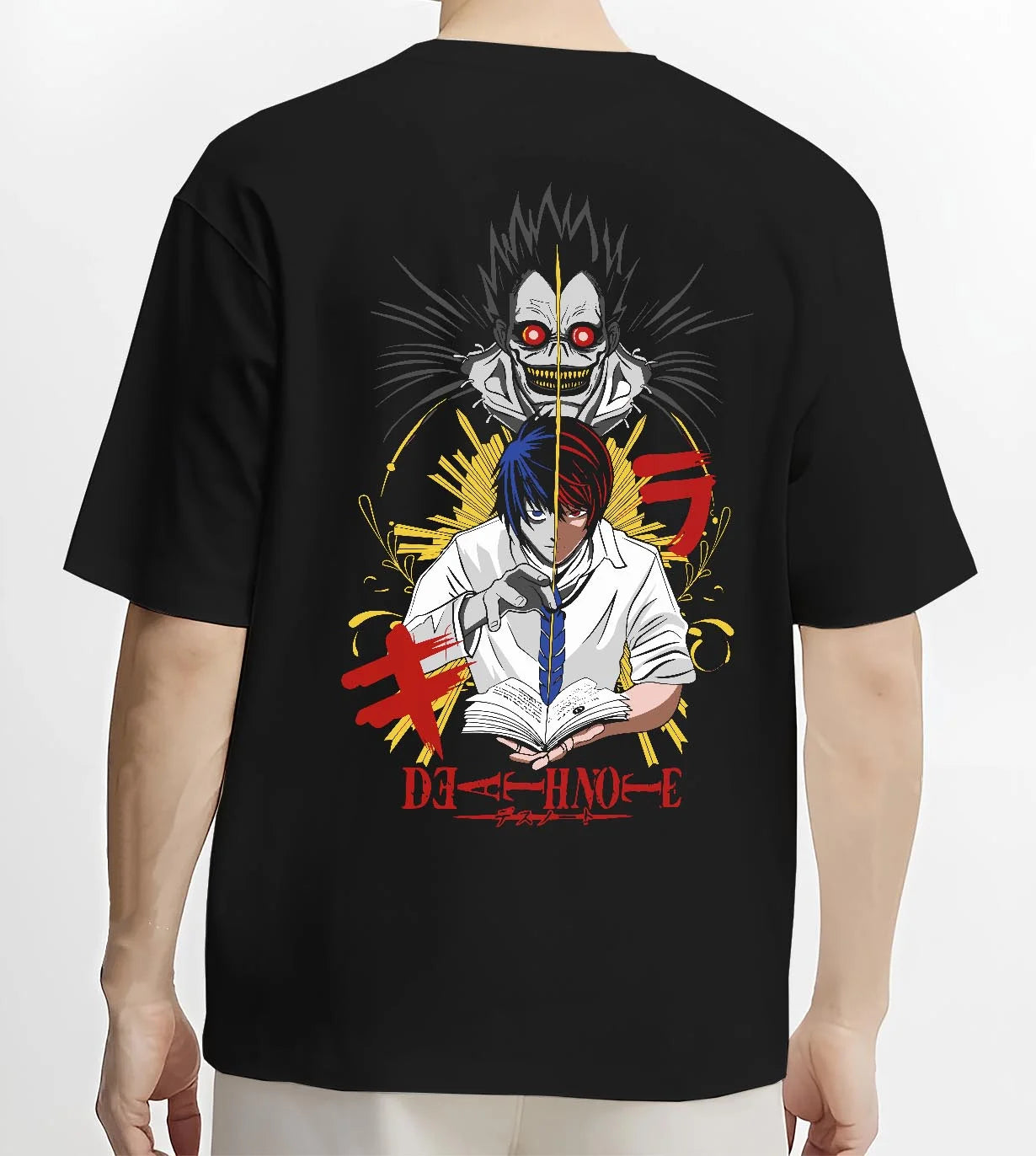 Black T-shirt worn by male model, back view with Ryuk Hoodie Death Note Retro Anime Shinigami Poster graphic bold anime graphic.