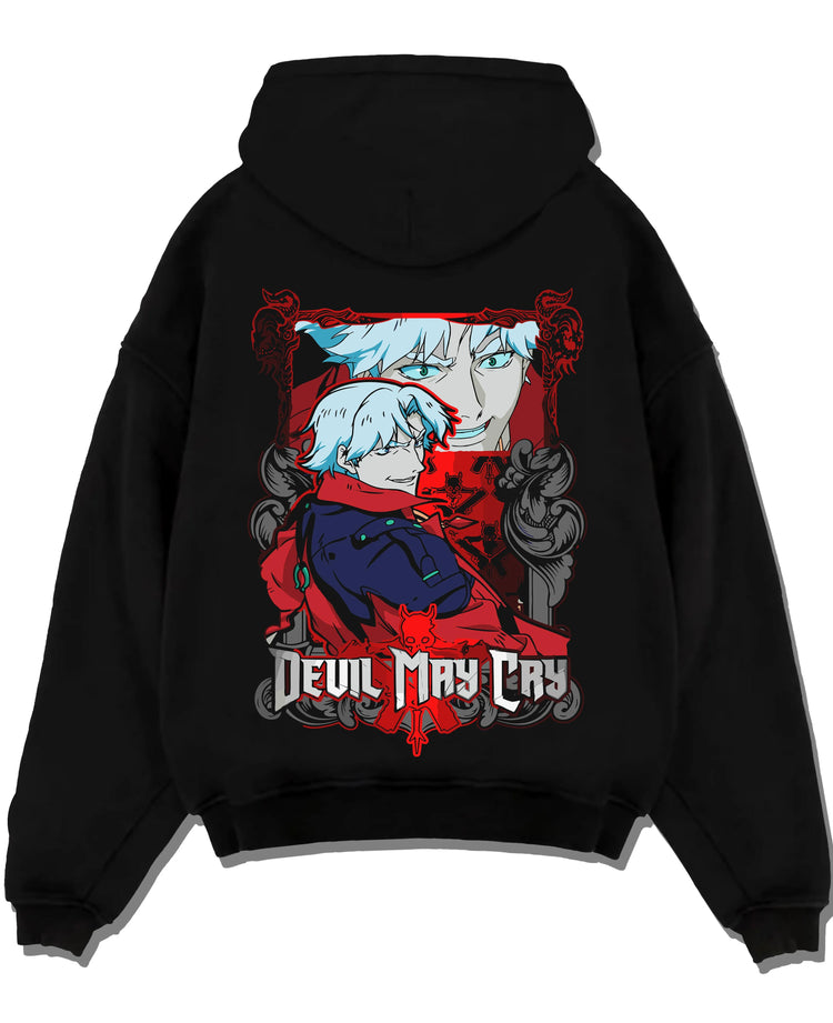 Black pullover hoodie laid flat with Dante Hoodie Devil May Cry Red Trench Retro Edition graphic premium wear.