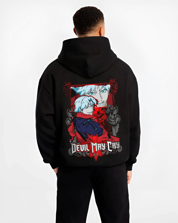 Black hoodie worn by male model, back view with Dante Hoodie Devil May Cry Red Trench Retro Edition graphic Dante anime design.