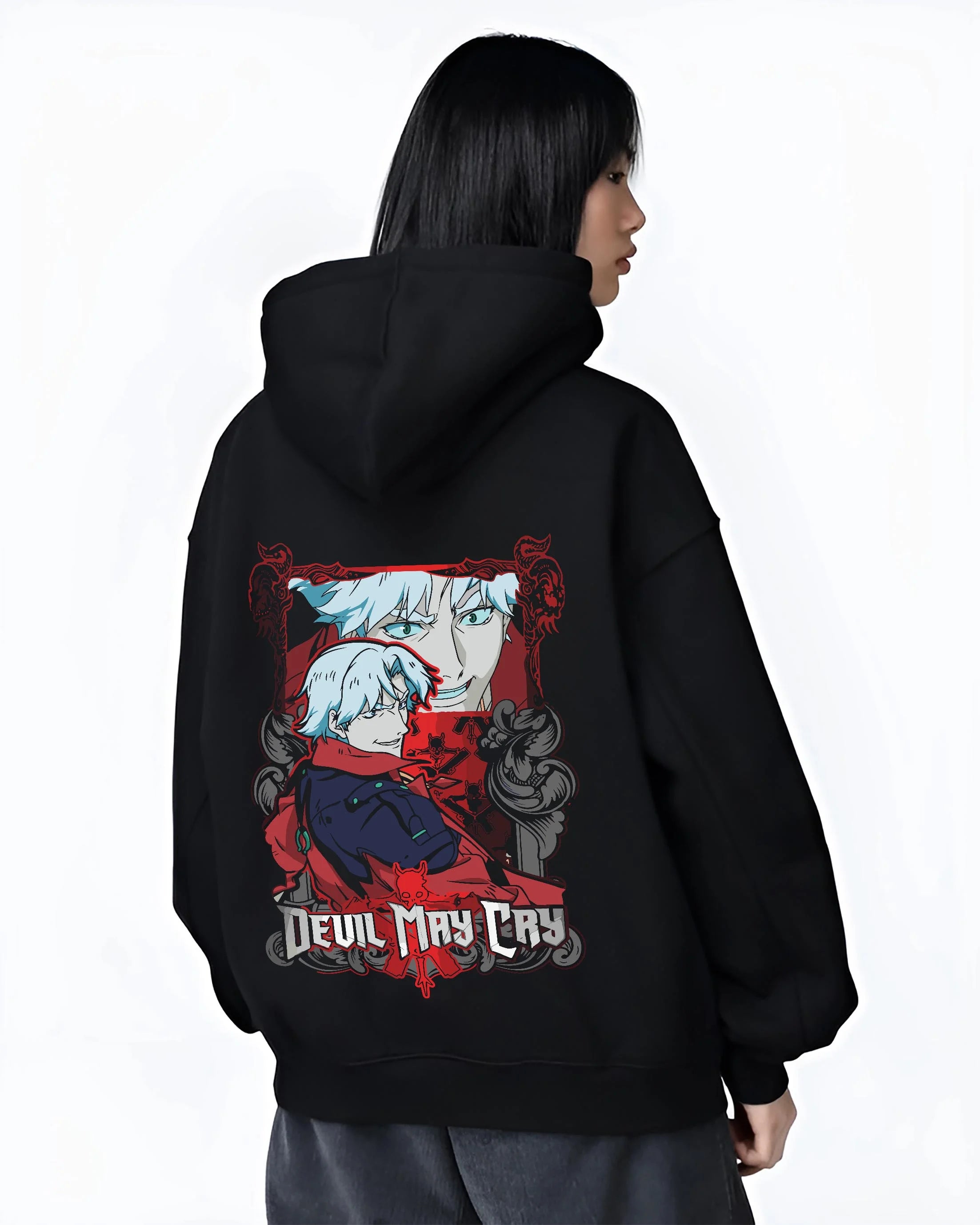 Black hoodie worn by female model, back view with Dante Hoodie Devil May Cry Red Trench Retro Edition graphic streetwear graphic.