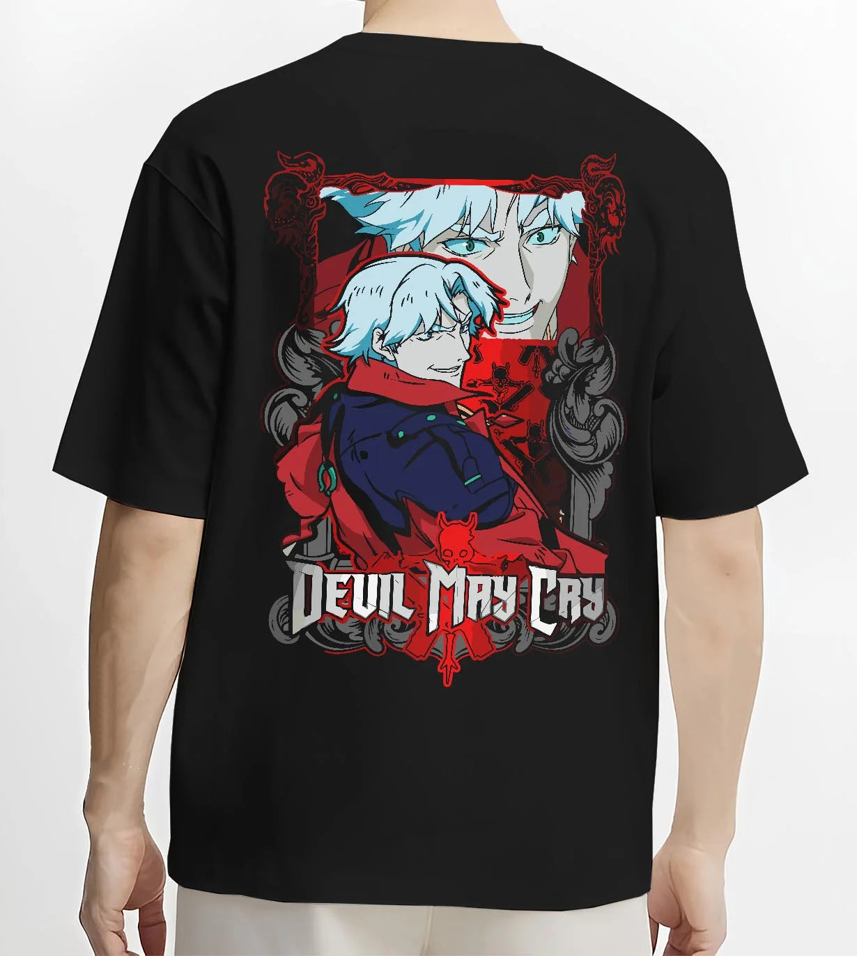 Black T-shirt worn by male model, back view with Dante Hoodie Devil May Cry Red Trench Retro Edition graphic streetwear graphic.