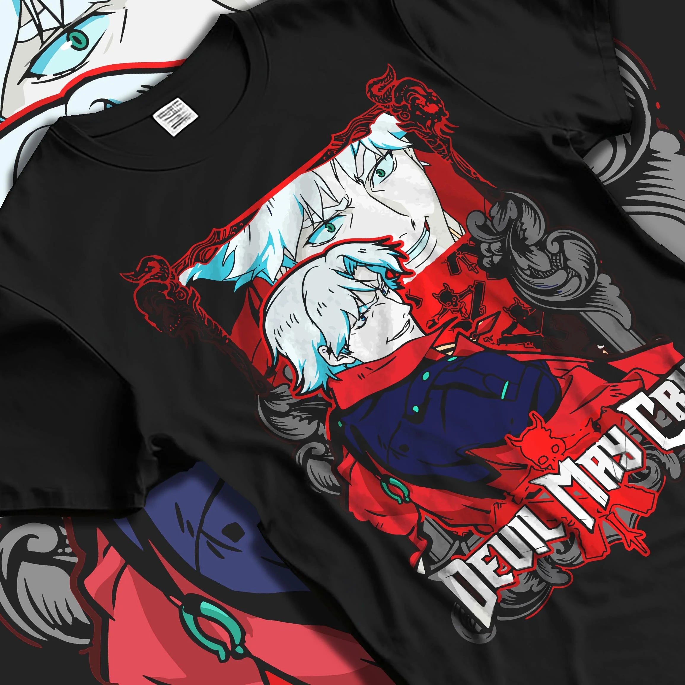 Black T-shirt laid flat with natural folds with Dante Hoodie Devil May Cry Red Trench Retro Edition graphic premium wear.