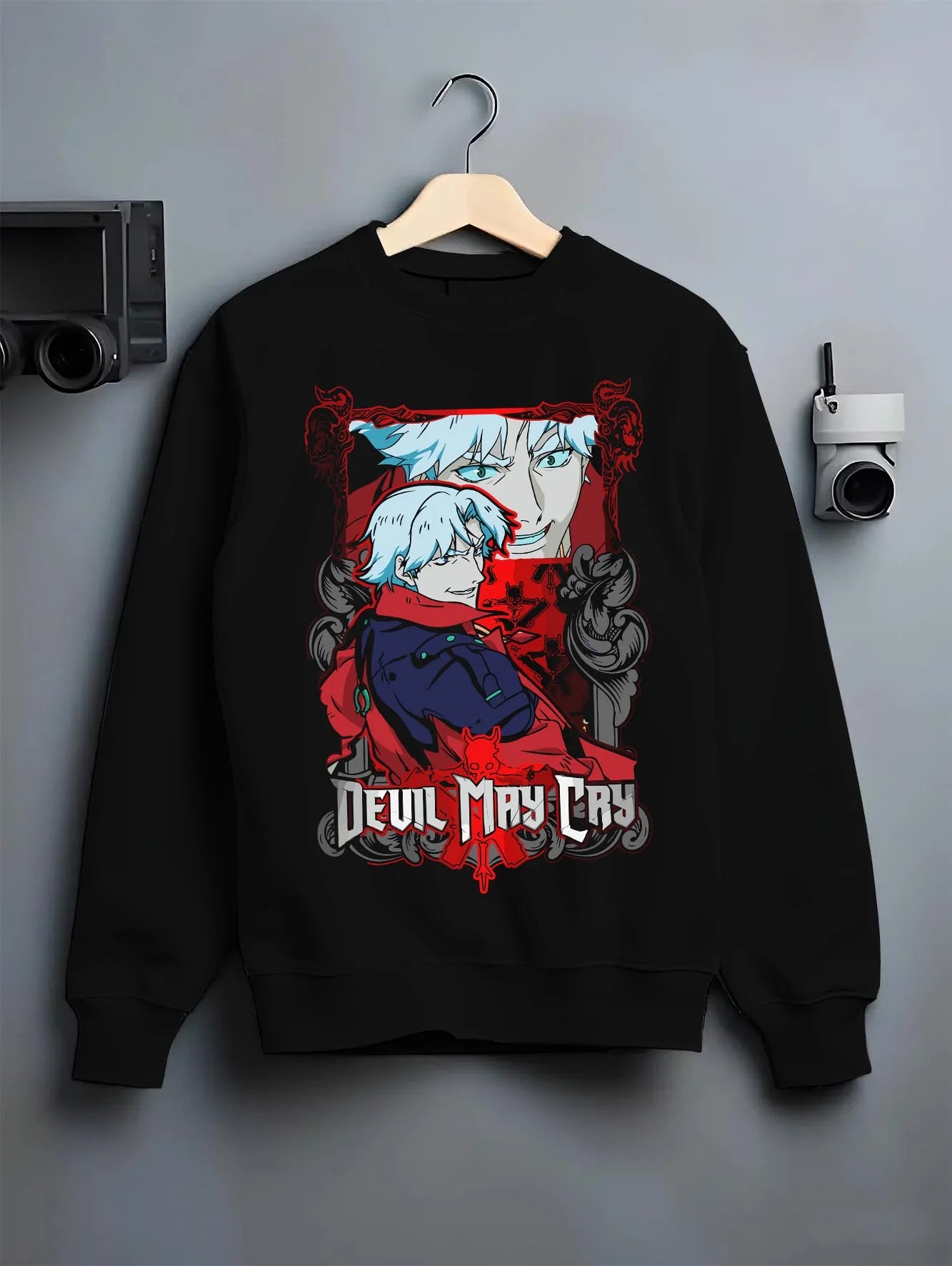 Black crewneck sweatshirt on hanger with Dante Hoodie Devil May Cry Red Trench Retro Edition graphic premium wear.