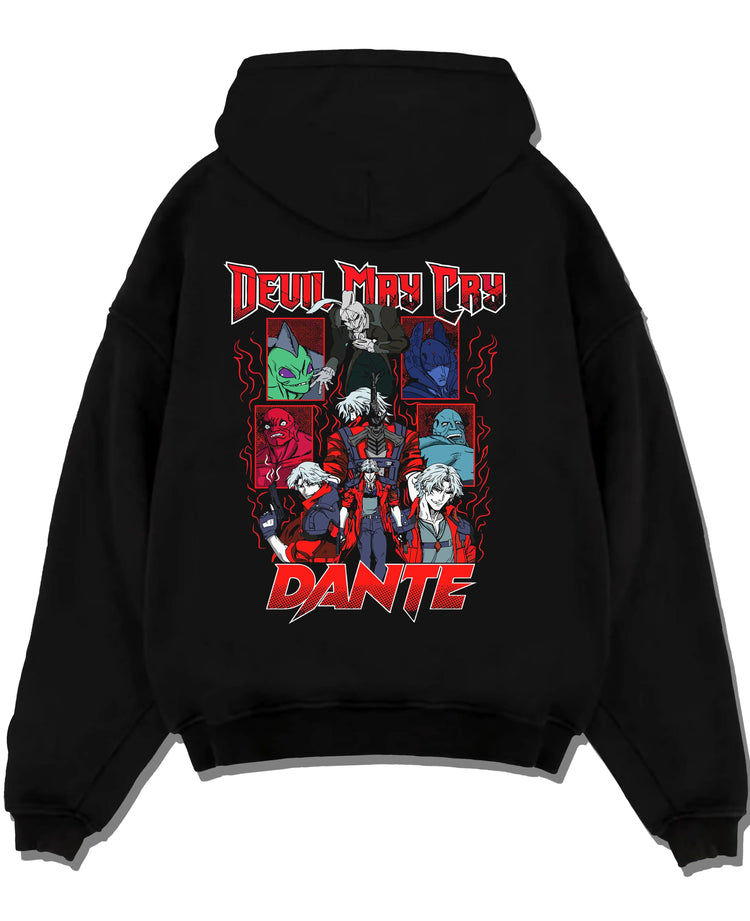 Black pullover hoodie laid flat with Dante Hoodie Devil May Cry Retro Gothic Demon Print graphic bold anime graphic.